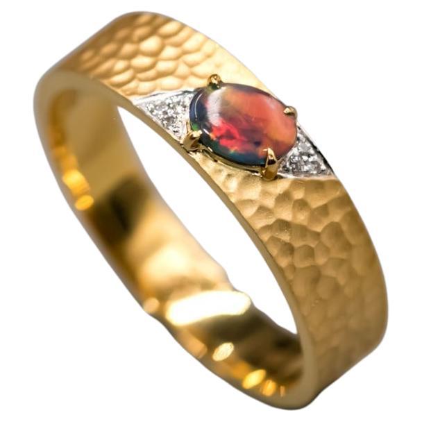 Hammered Finish 18K Gold Black Opal Diamond Engagement Ring For Sale