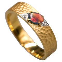 Hammered Finish 18K Gold Black Opal Diamond Engagement Ring