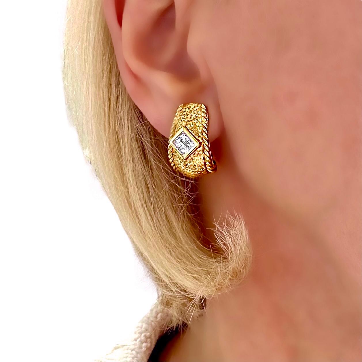 Hammered Finish 18K Yellow Gold J Hoop Earrings with Princess Cut Diamonds For Sale 5