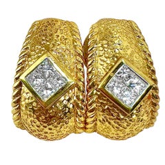 Hammered Finish 18K Yellow Gold J Hoop Earrings with Princess Cut Diamonds