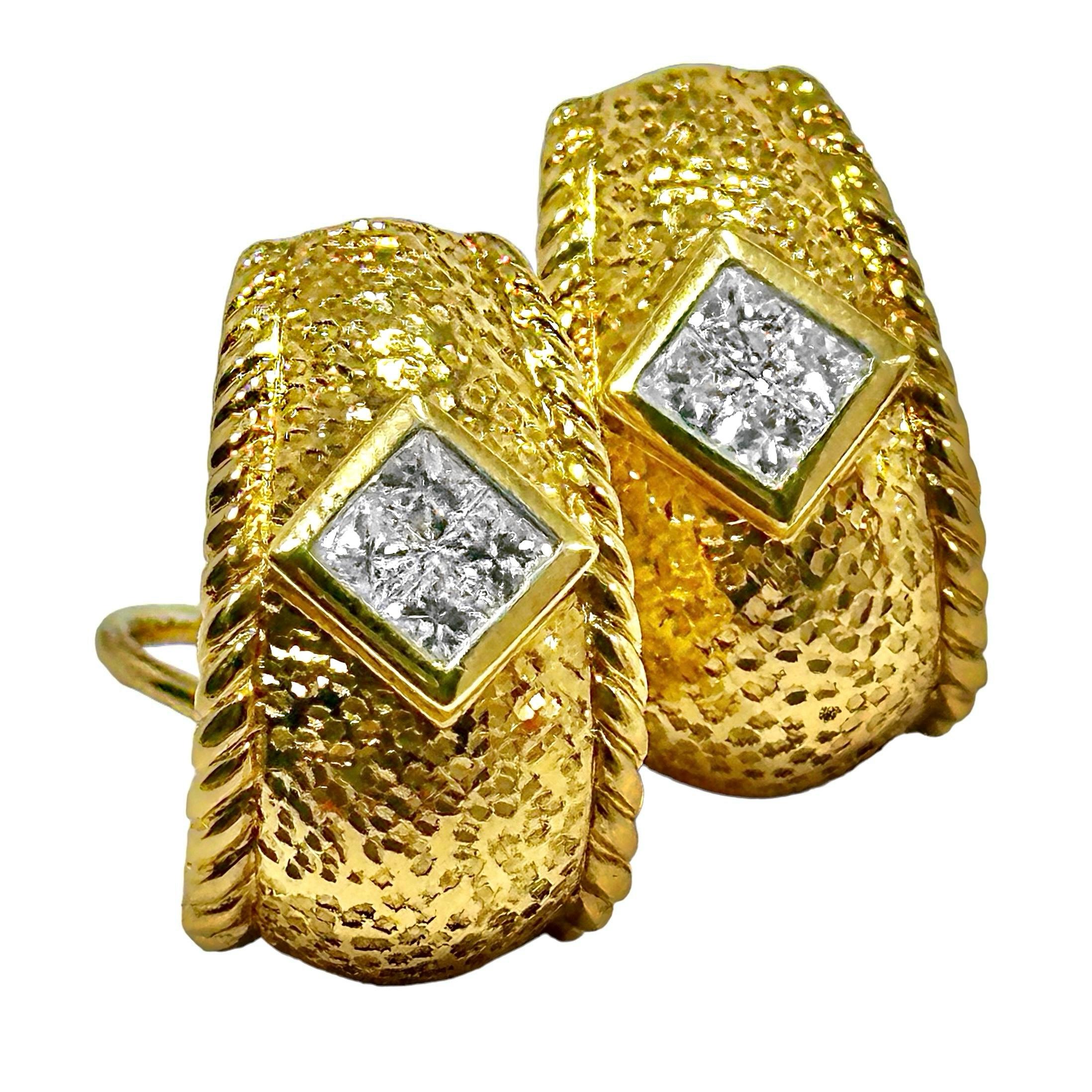 Modern Hammered Finish 18K Yellow Gold J Hoop Earrings with Princess Cut Diamonds For Sale