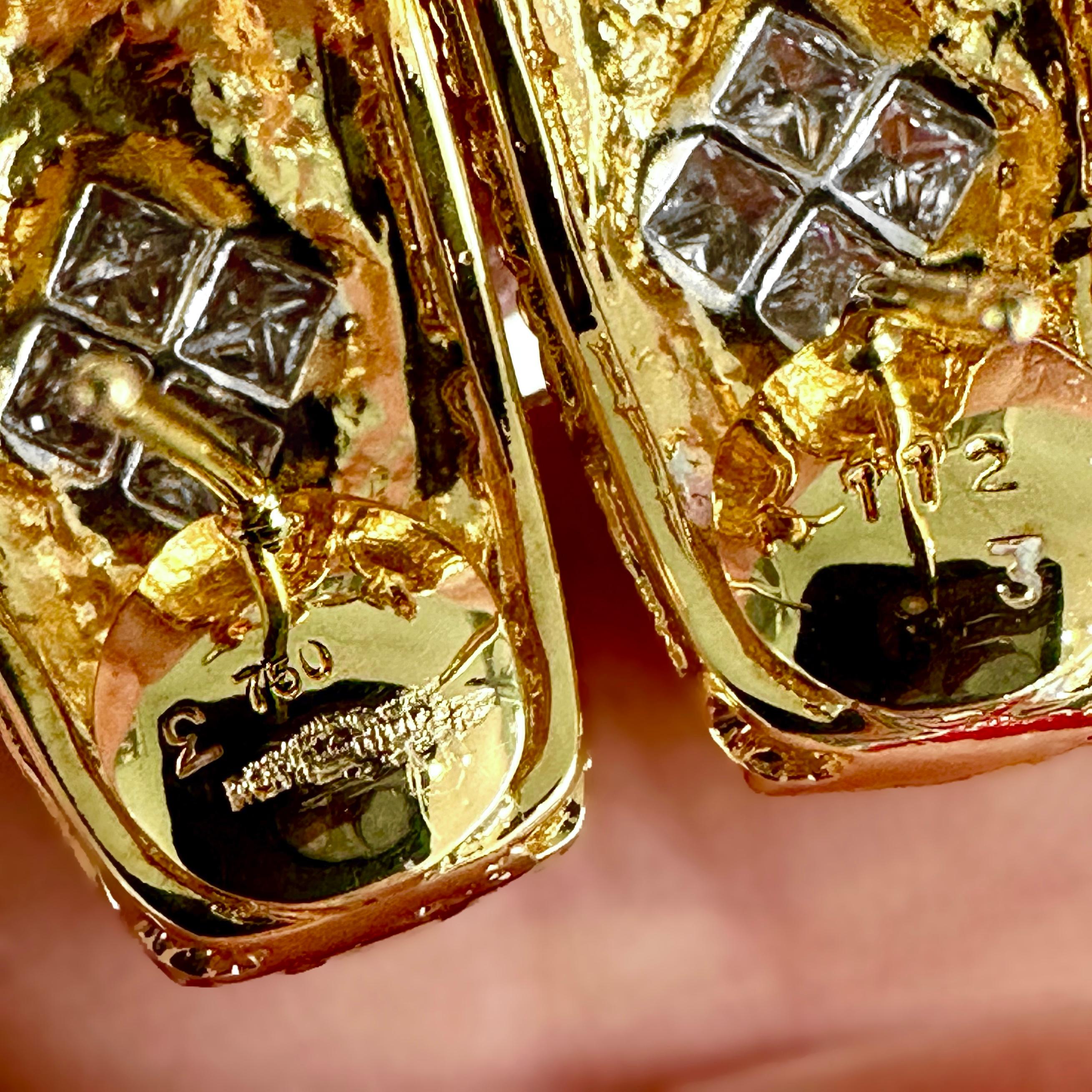 Women's Hammered Finish 18K Yellow Gold J Hoop Earrings with Princess Cut Diamonds For Sale