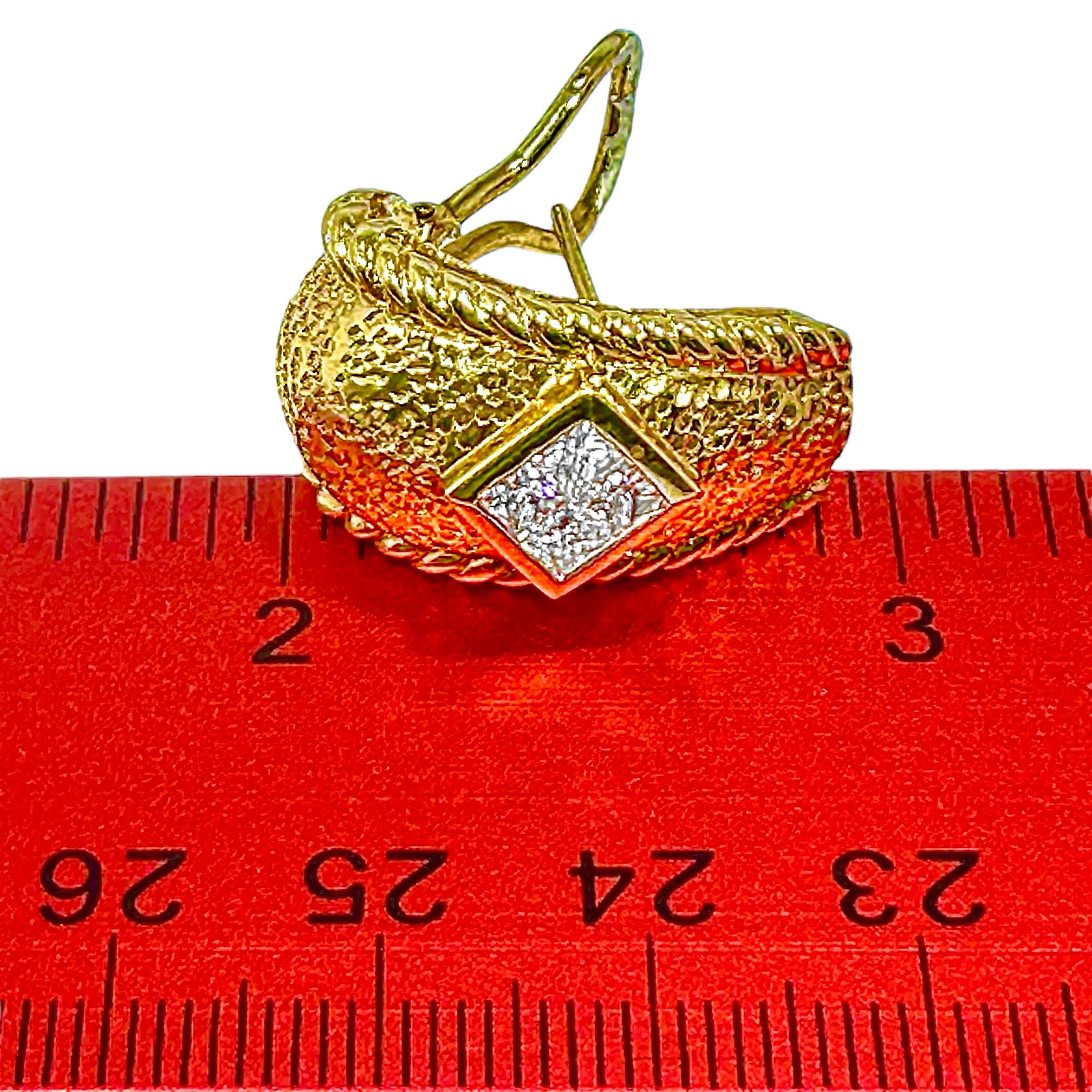 Hammered Finish 18K Yellow Gold J Hoop Earrings with Princess Cut Diamonds For Sale 2