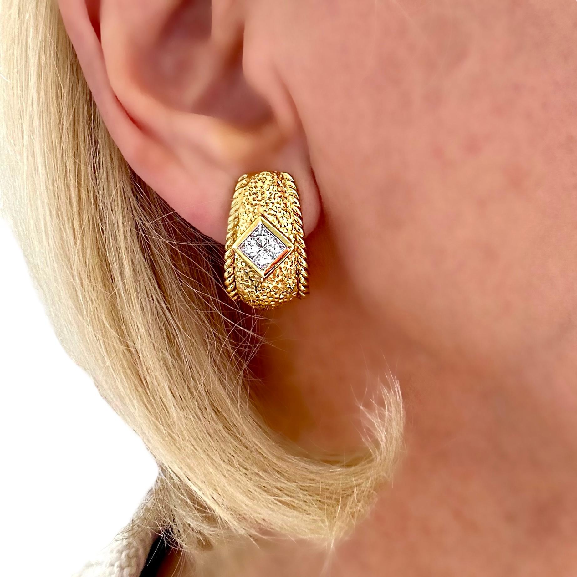 Hammered Finish 18K Yellow Gold J Hoop Earrings with Princess Cut Diamonds For Sale 4