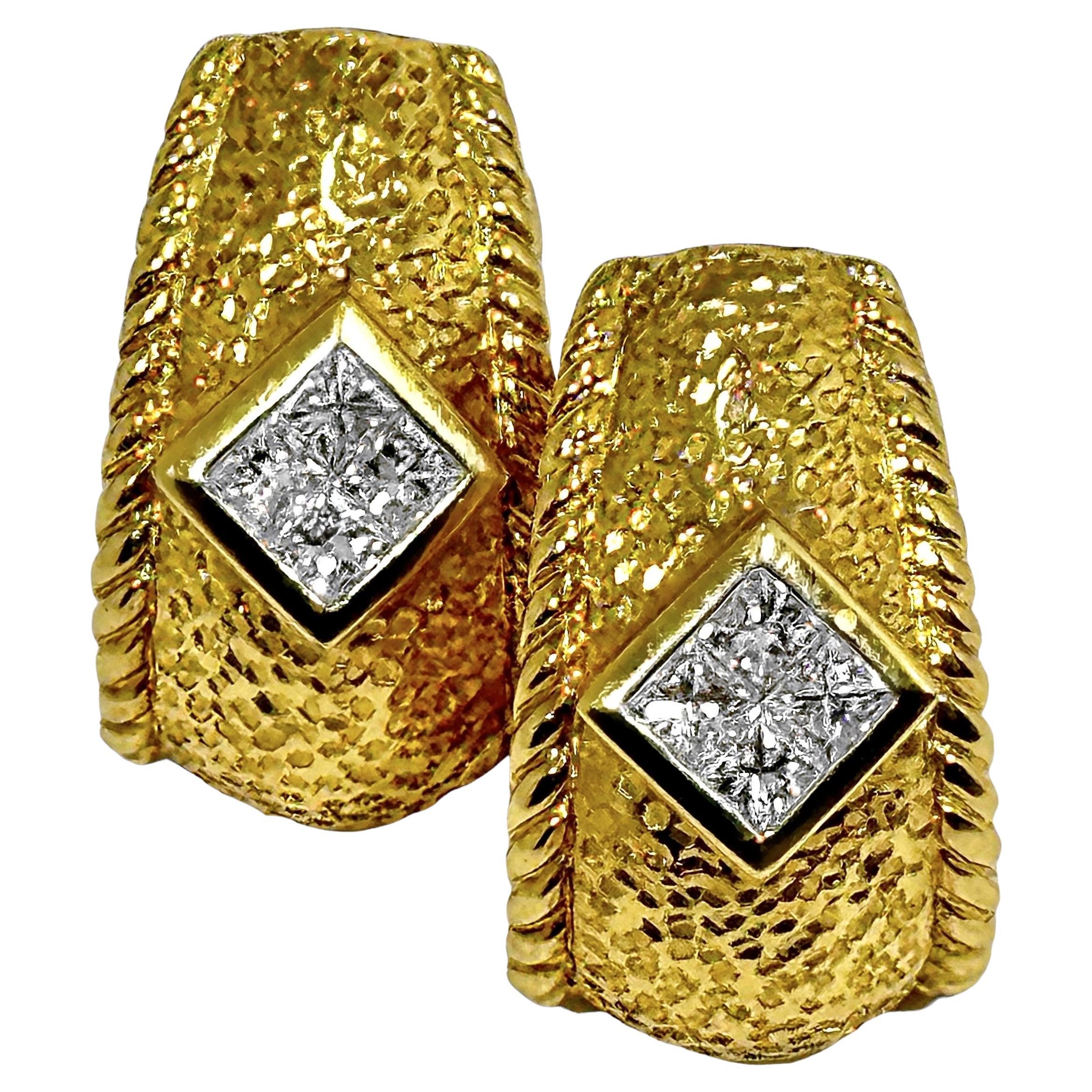 Hammered Finish 18K Yellow Gold J Hoop Earrings with Princess Cut Diamonds