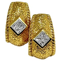 Hammered Finish 18K Yellow Gold J Hoop Earrings with Princess Cut Diamonds