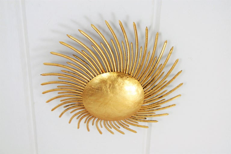 French 1940s Hammered Gilt Iron Tornado Sunburst Wall Or Ceiling Light Fixture