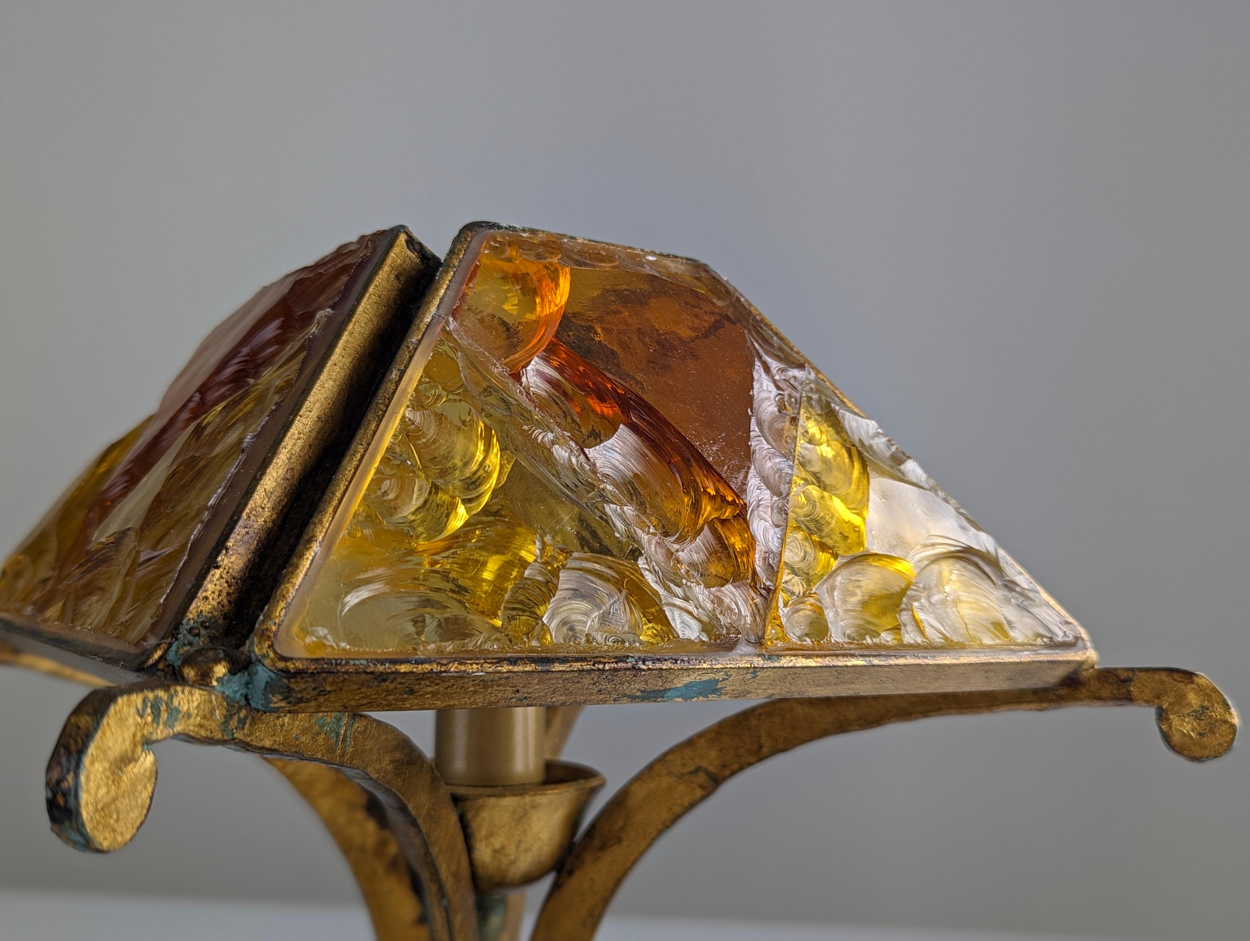 Brutalist Hammered Glass and Wrought Iron Table Lamp by Longobard, Italy, 1970s