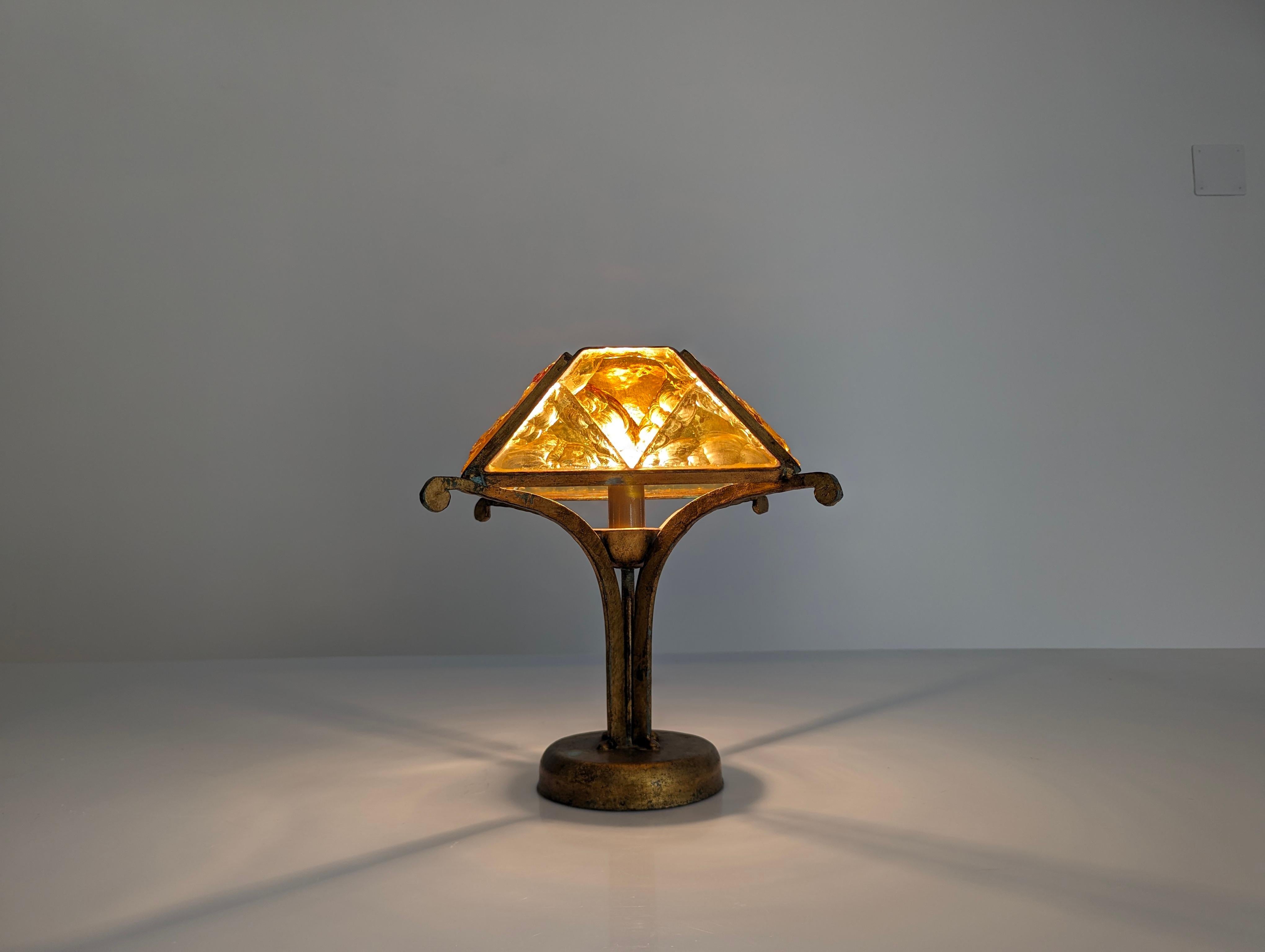 Italian Hammered Glass and Wrought Iron Table Lamp by Longobard, Italy, 1970s