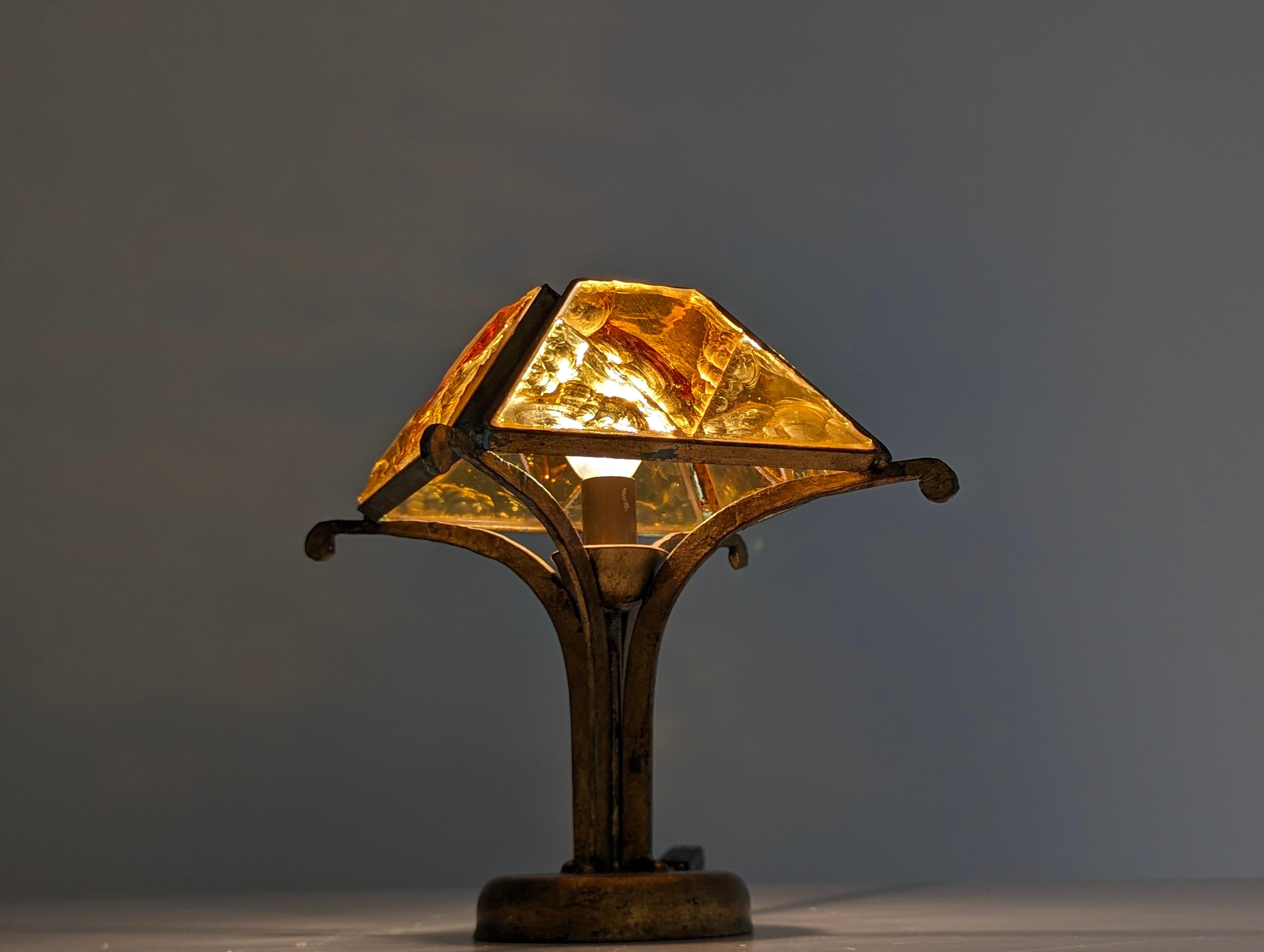 Late 20th Century Hammered Glass and Wrought Iron Table Lamp by Longobard, Italy, 1970s