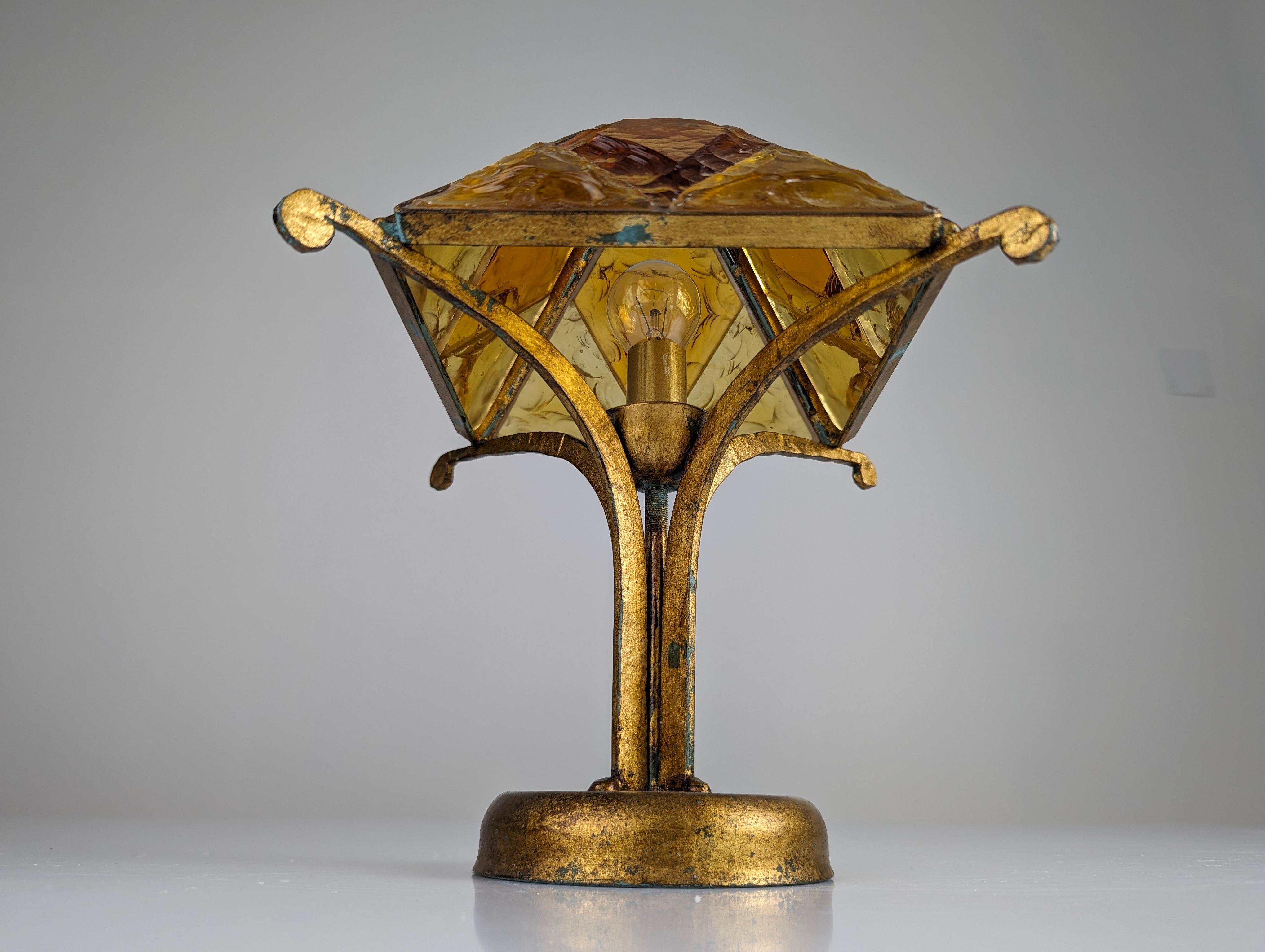 Hammered Glass and Wrought Iron Table Lamp by Longobard, Italy, 1970s 2