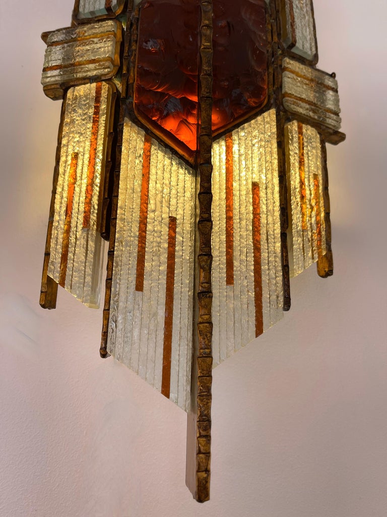 Hammered Glass Wrought Gilt Iron Sconce by Biancardi, Italy, 1970s For Sale 4