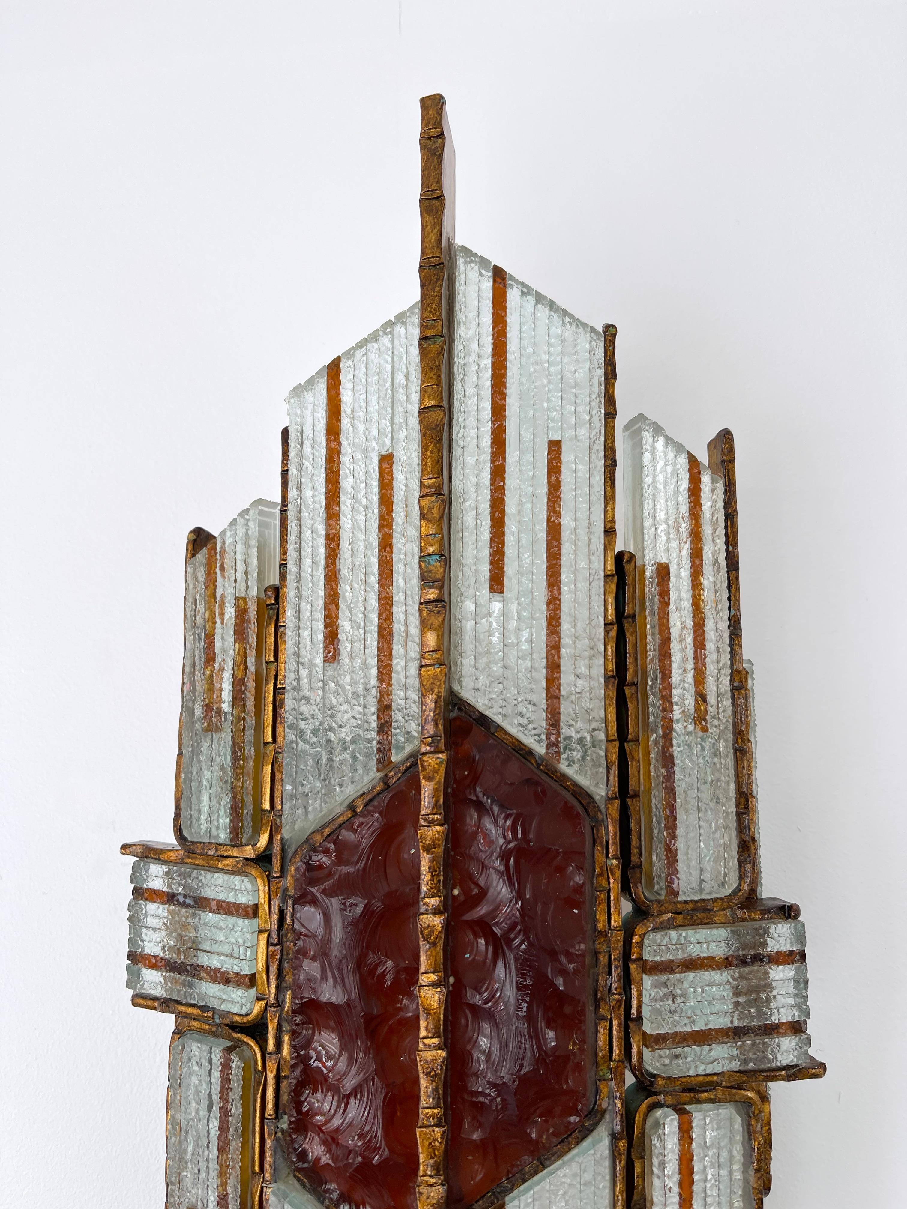 Hammered Glass Wrought Gilt Iron Sconce by Biancardi, Italy, 1970s 1