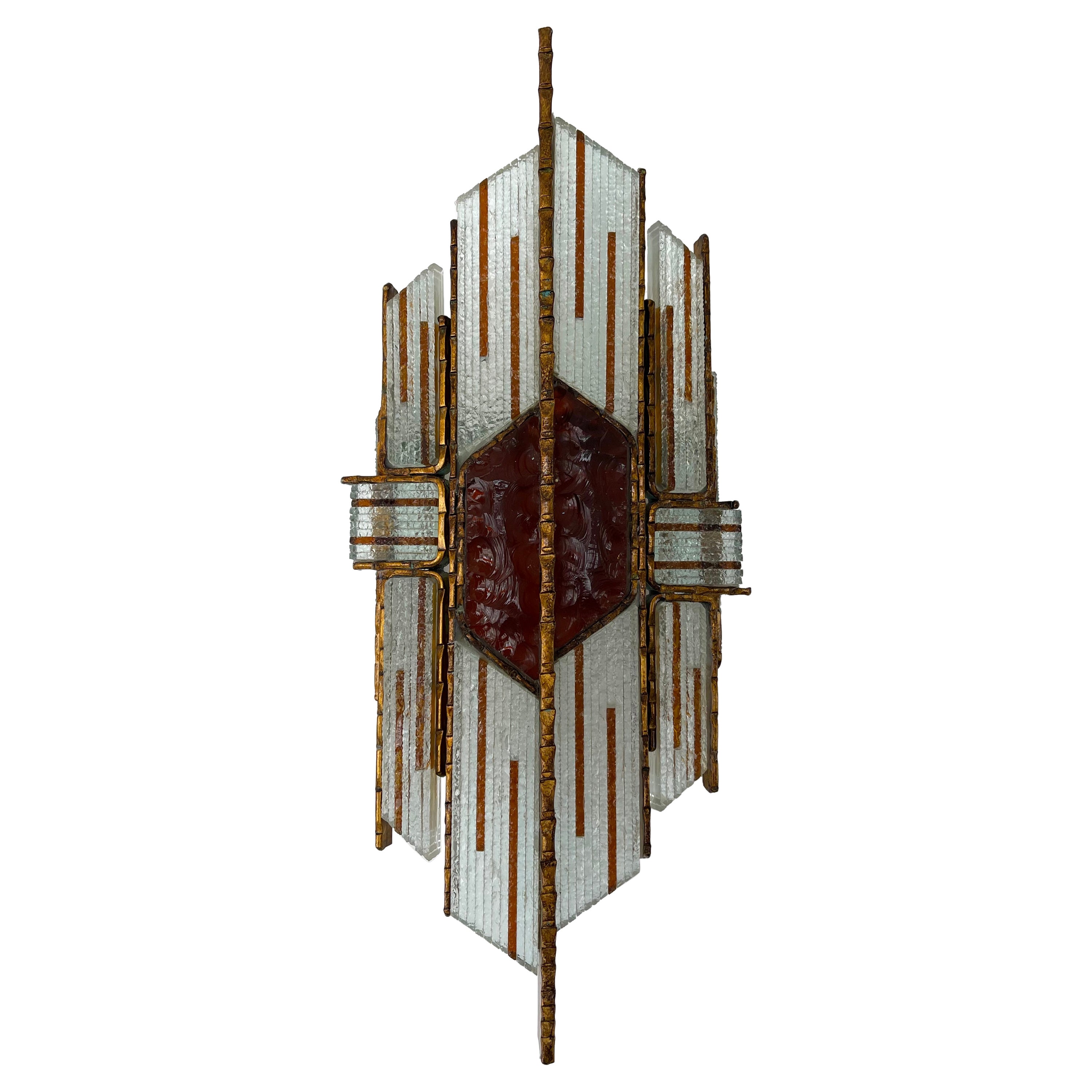 Hammered Glass Wrought Gilt Iron Sconce by Biancardi, Italy, 1970s