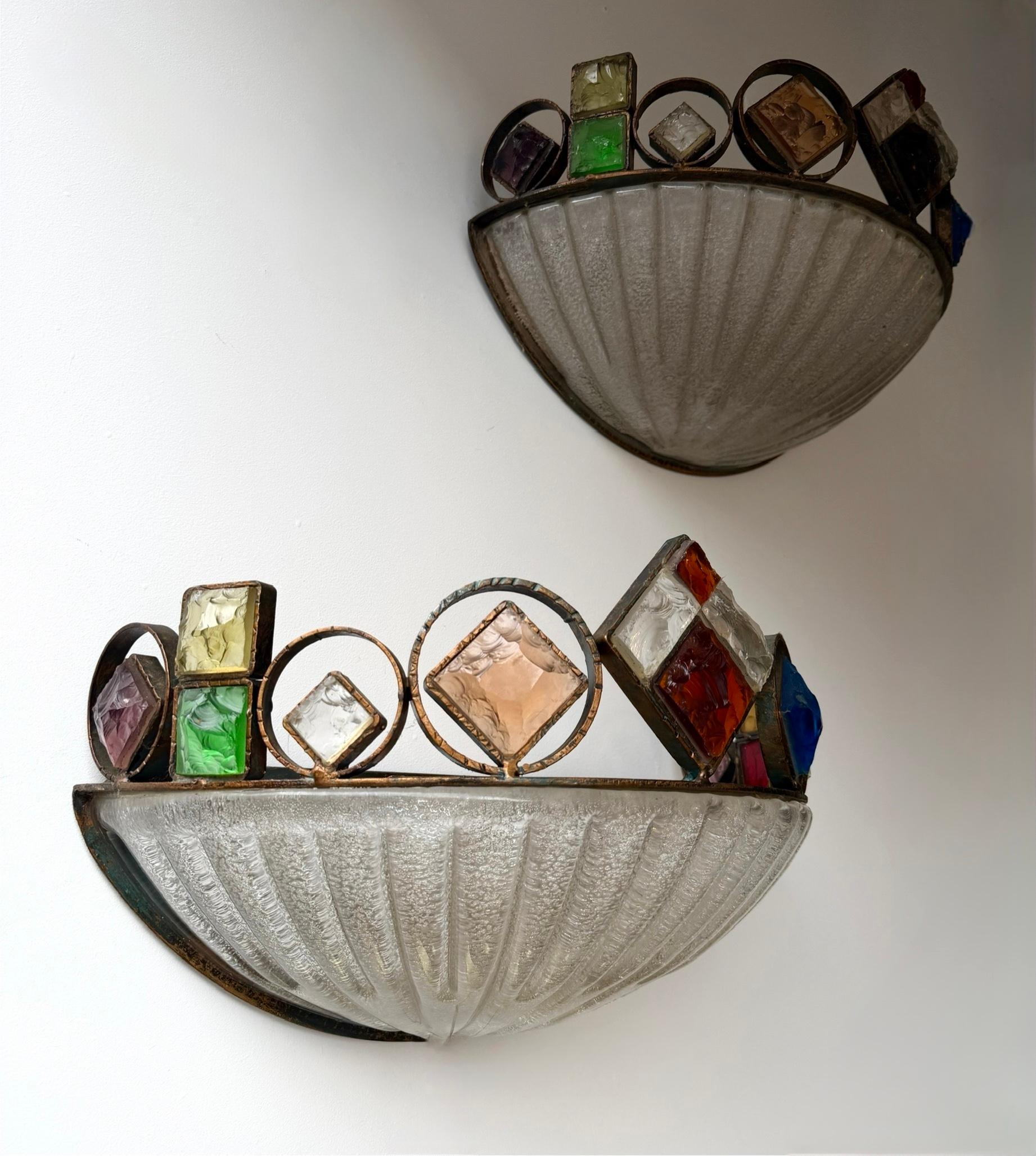 Applique en verre martelé et fer forgé en verre de Murano par Longobard, Italie, années 1970 Bon état - En vente à SAINT-OUEN, FR