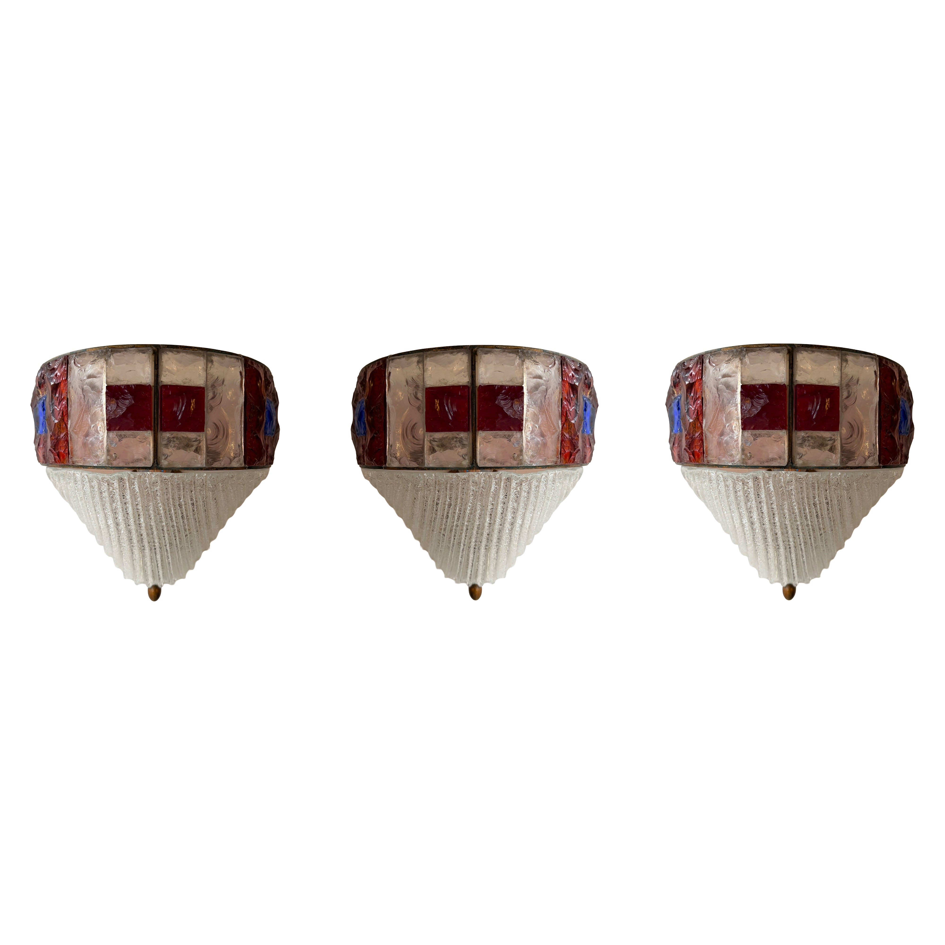 Hammered Glass Wrought Iron Murano Glass Sconce by Longobard, Italy, 1970s