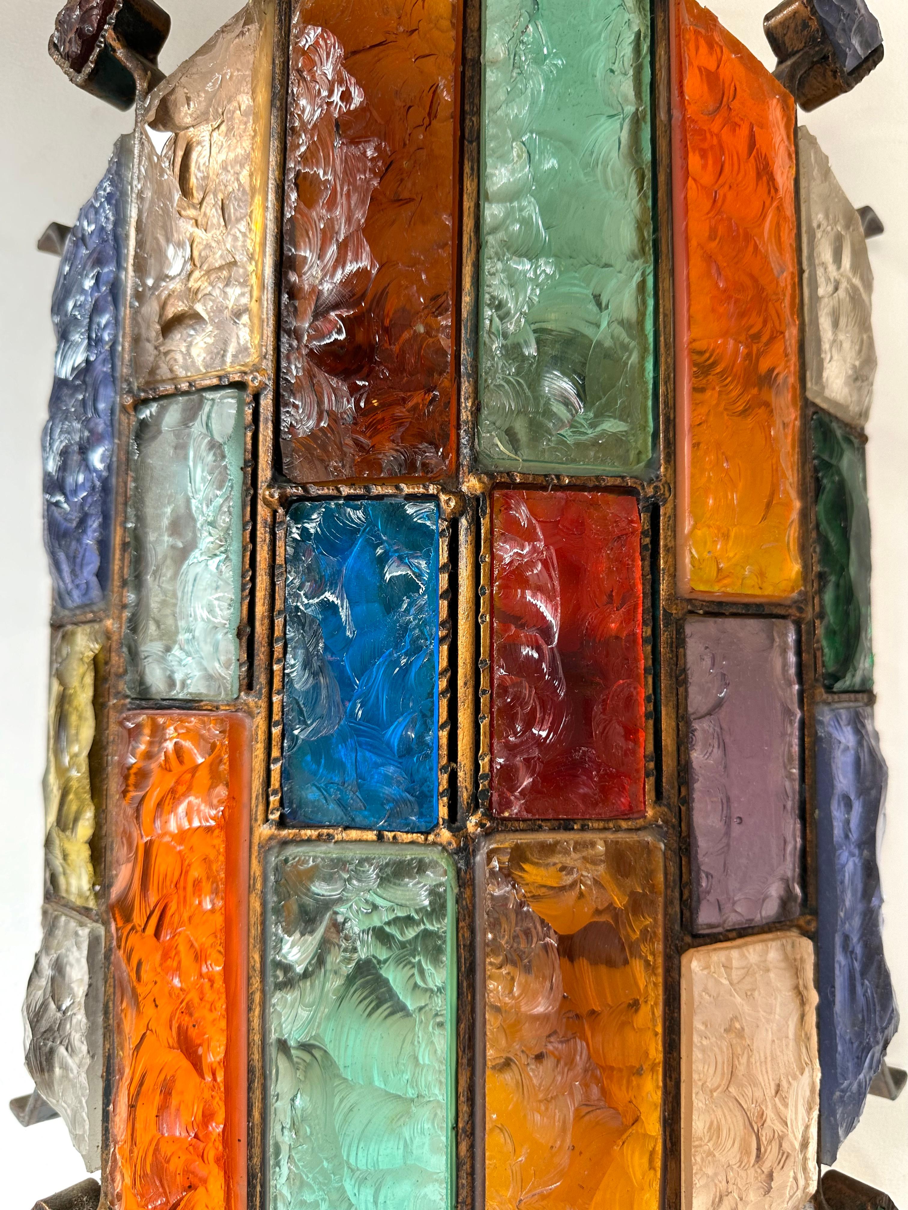 Hammered Glass Wrought Iron Sconce by Longobard, Italy, 1970s 5