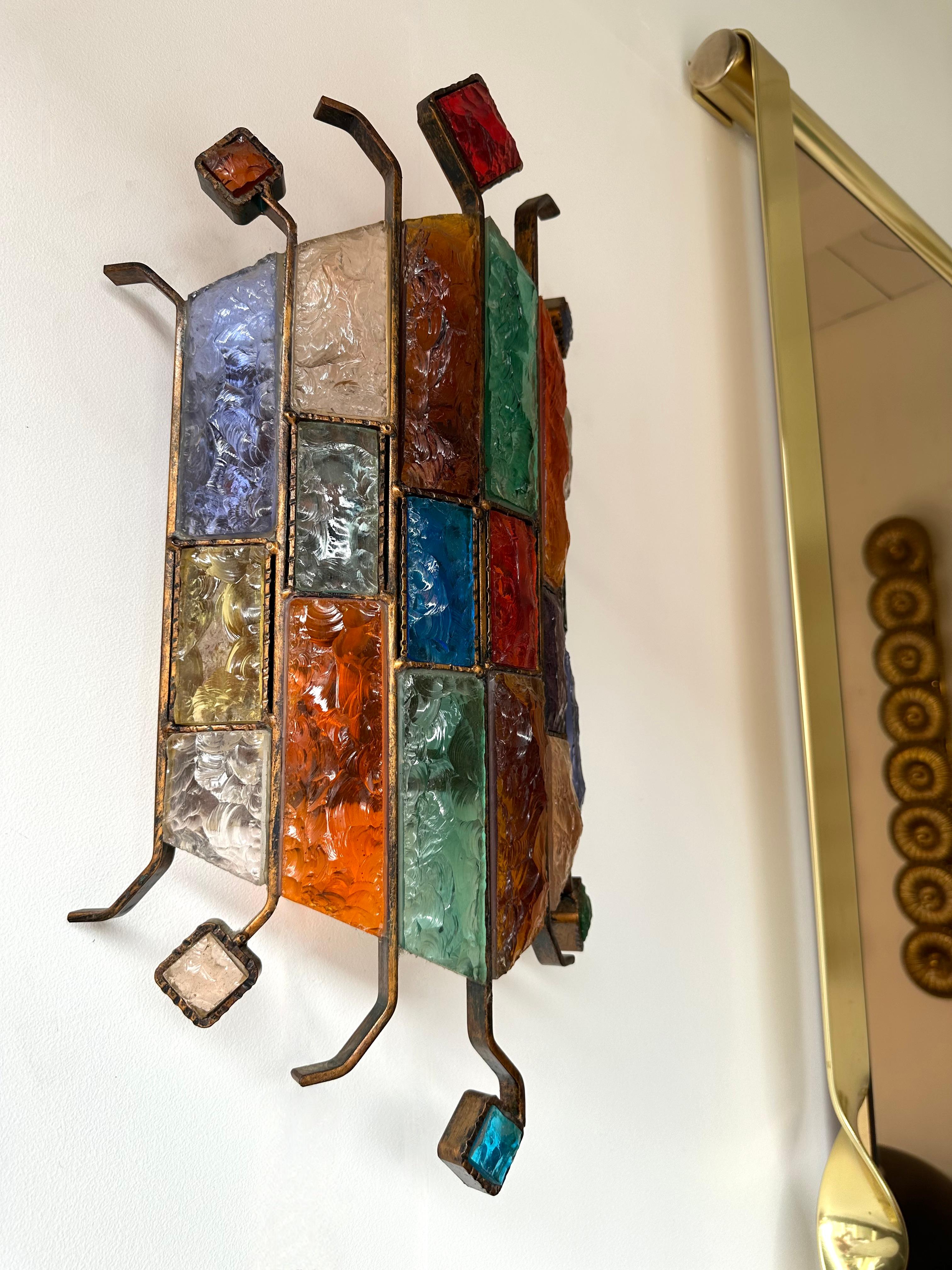 Hammered Glass Wrought Iron Sconce by Longobard, Italy, 1970s 6