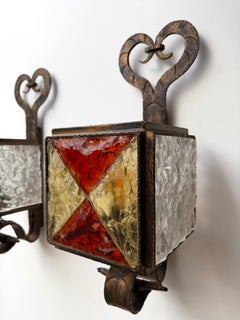 Hammered Glass Wrought Iron Sconce by Longobard, Italy, 1970s
