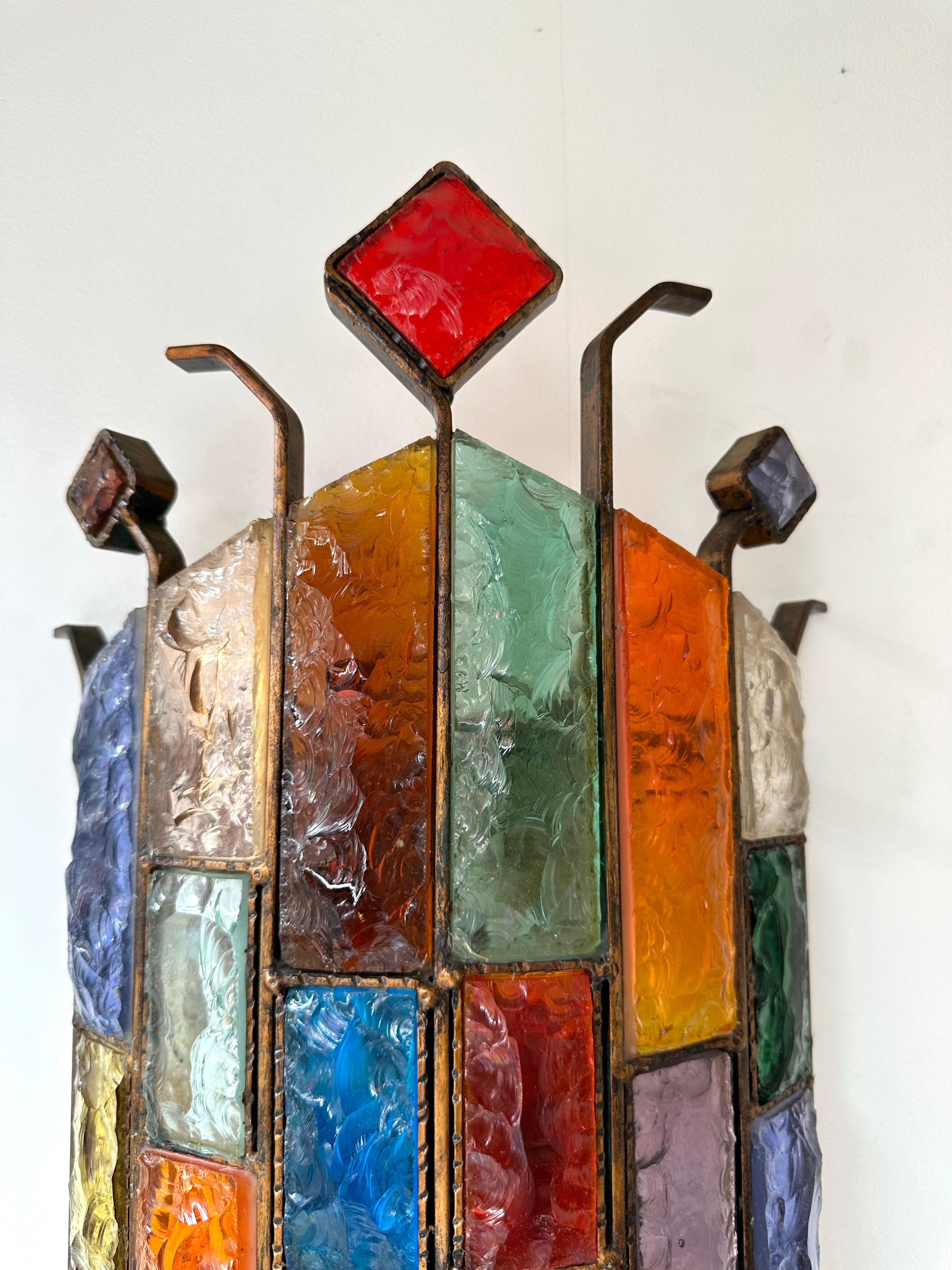 Brutalist Hammered Glass Wrought Iron Sconce by Longobard, Italy, 1970s
