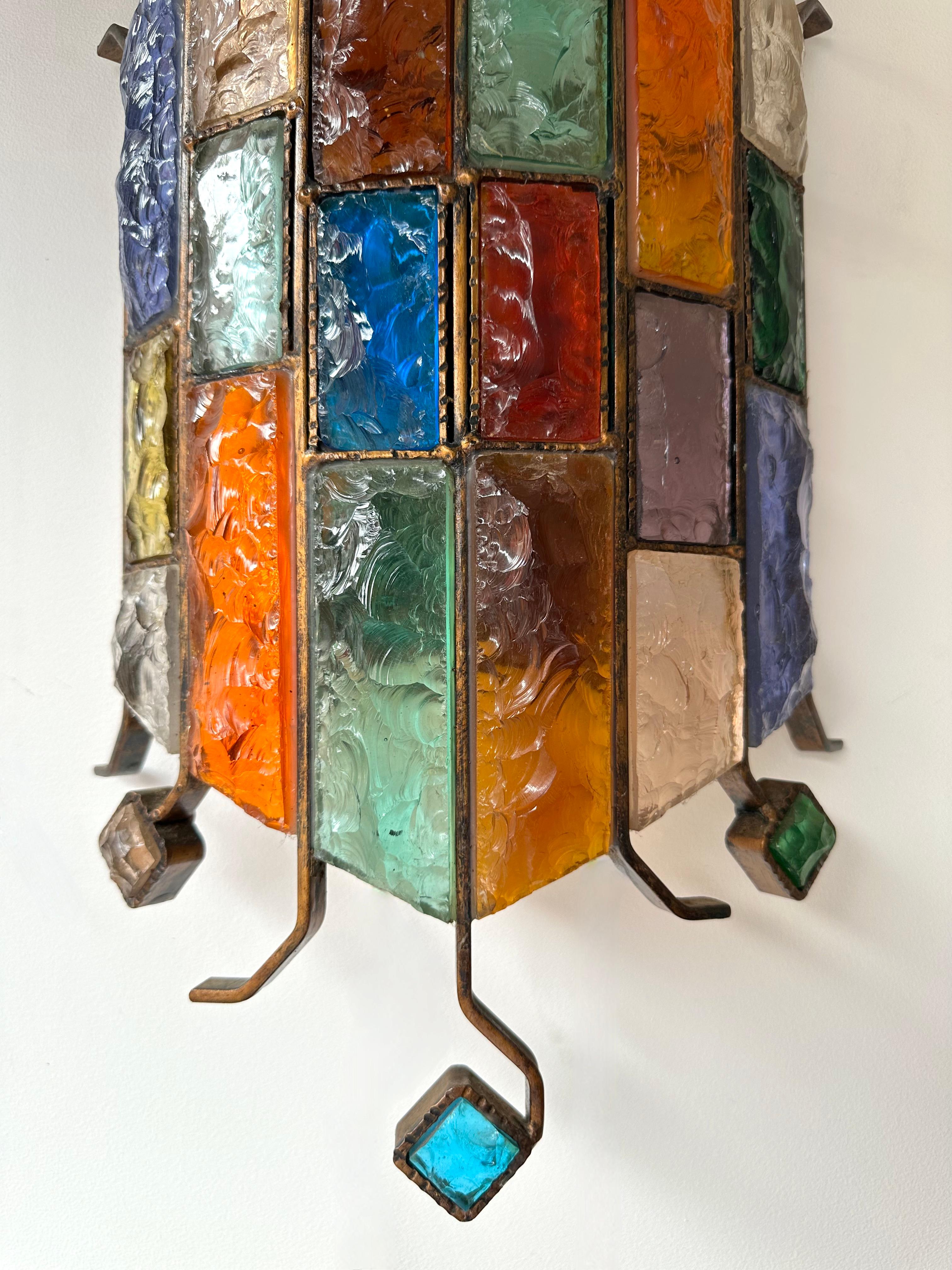 Italian Hammered Glass Wrought Iron Sconce by Longobard, Italy, 1970s