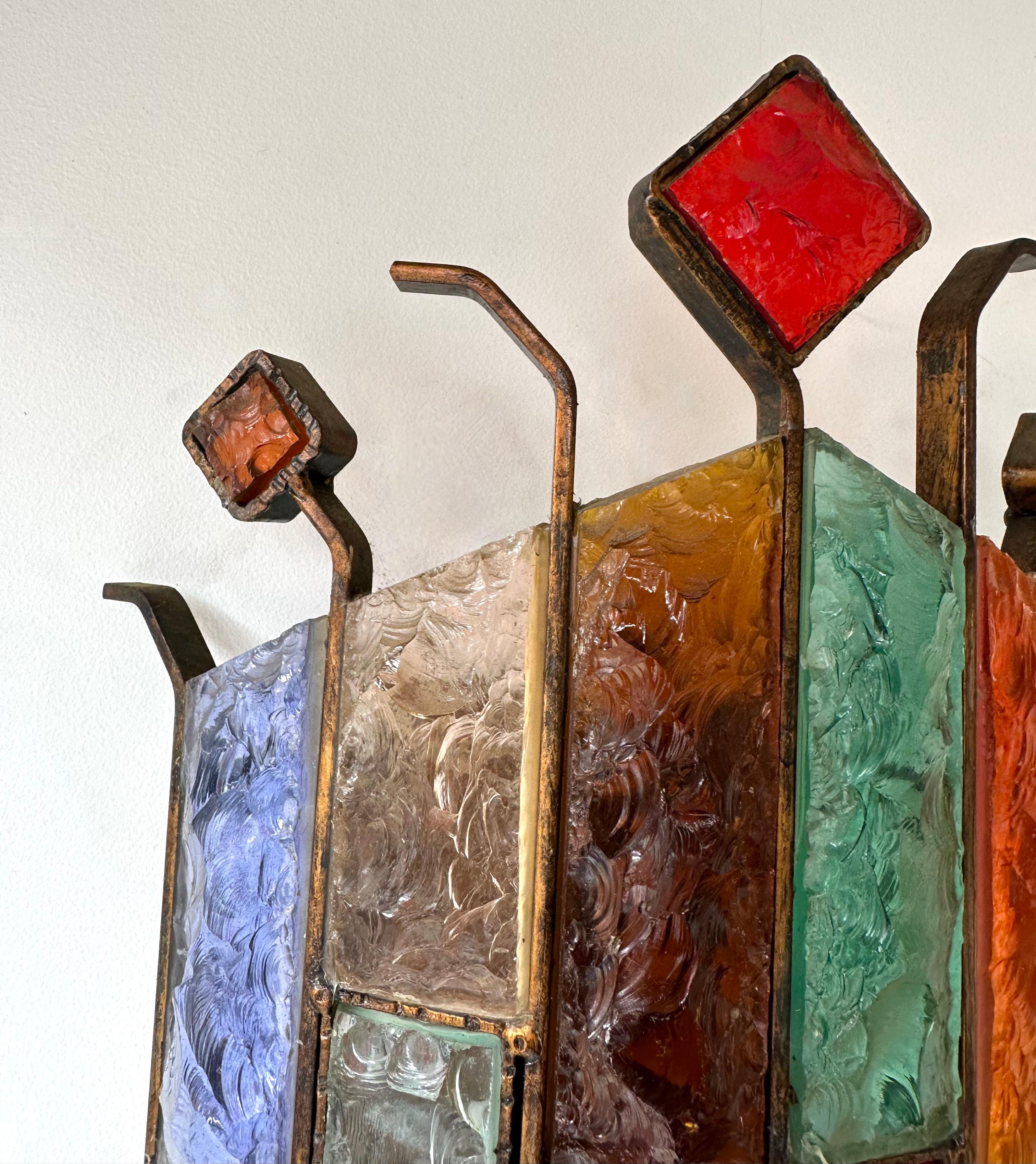 Hammered Glass Wrought Iron Sconce by Longobard, Italy, 1970s In Good Condition In SAINT-OUEN, FR
