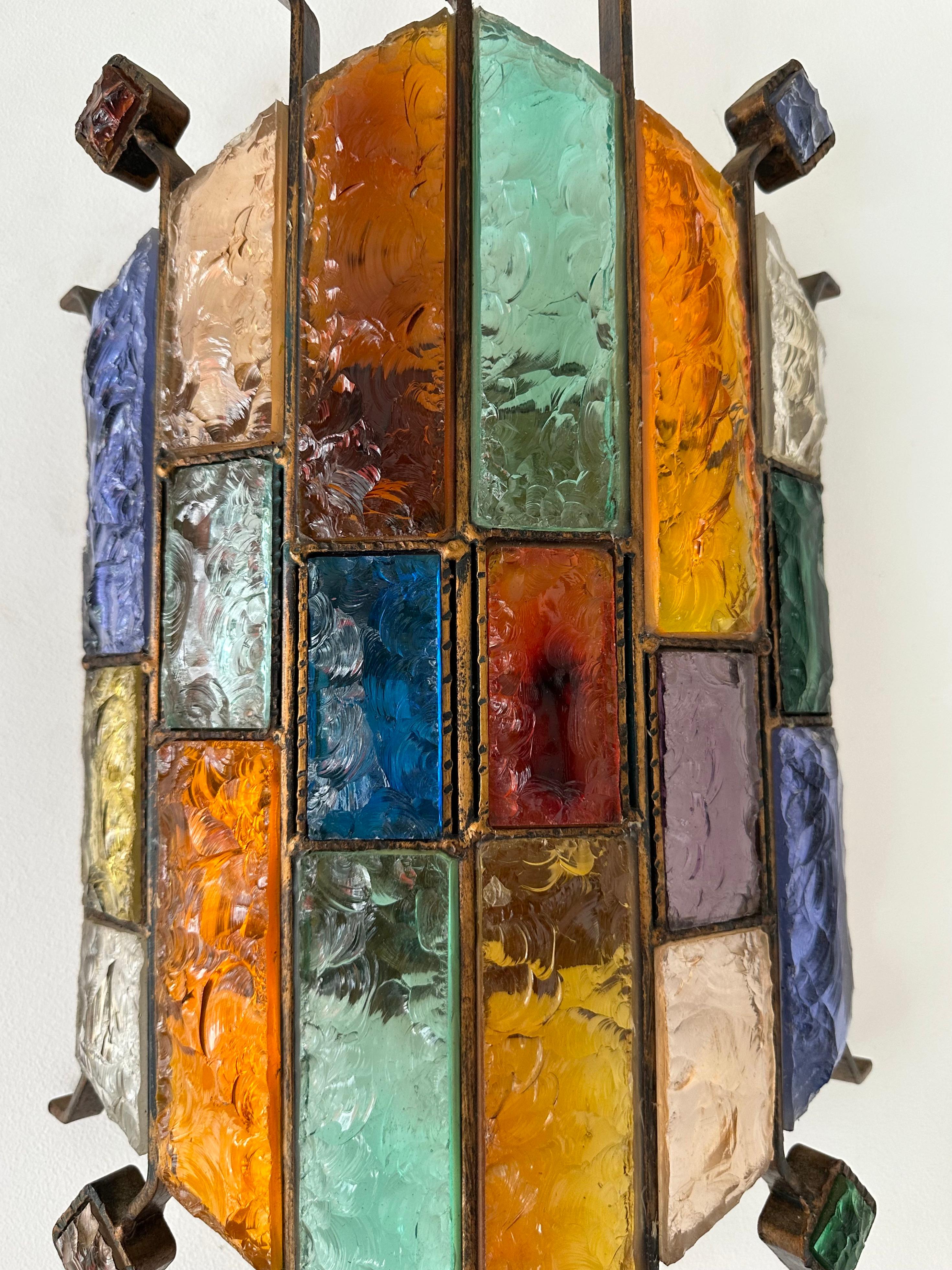 Late 20th Century Hammered Glass Wrought Iron Sconce by Longobard, Italy, 1970s