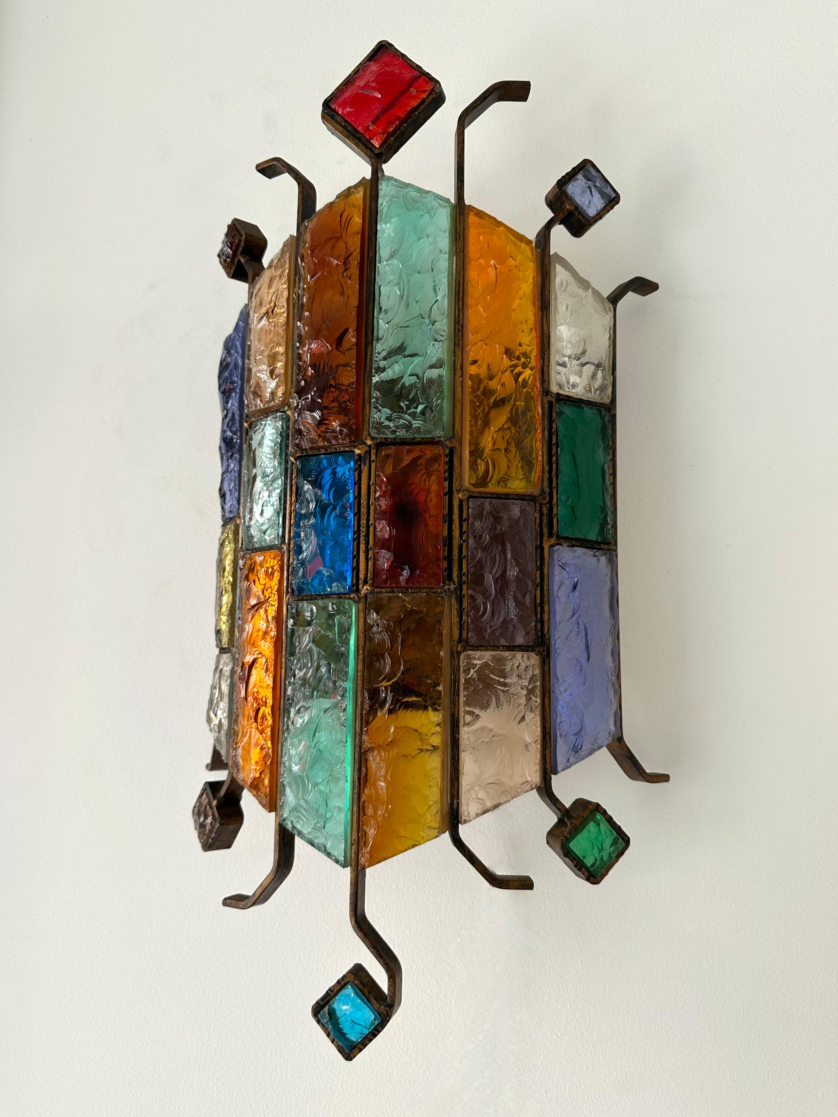 Hammered Glass Wrought Iron Sconce by Longobard, Italy, 1970s 1