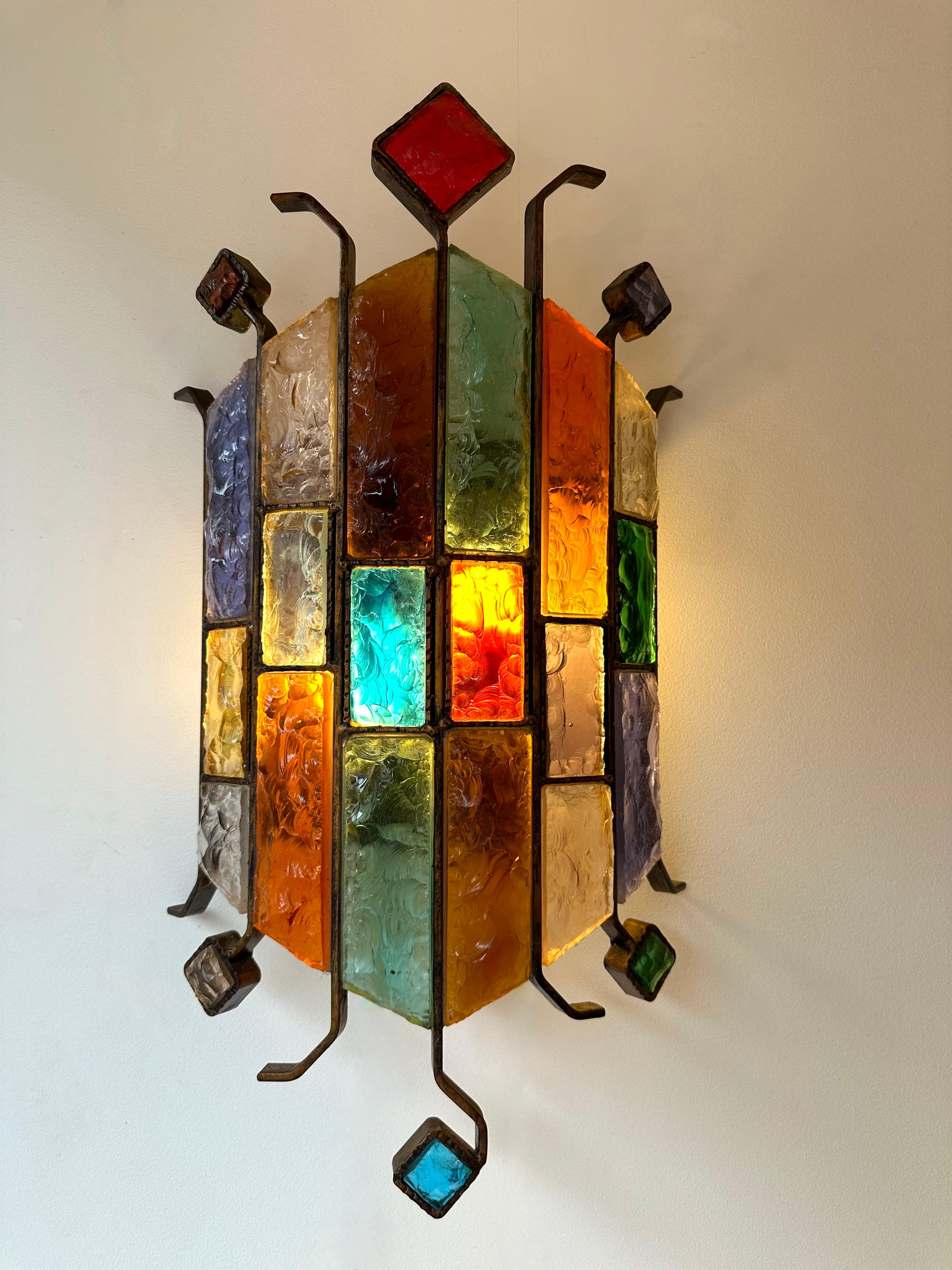 Hammered Glass Wrought Iron Sconce by Longobard, Italy, 1970s 2