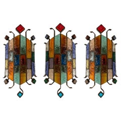 Hammered Glass Wrought Iron Sconce by Longobard, Italy, 1970s