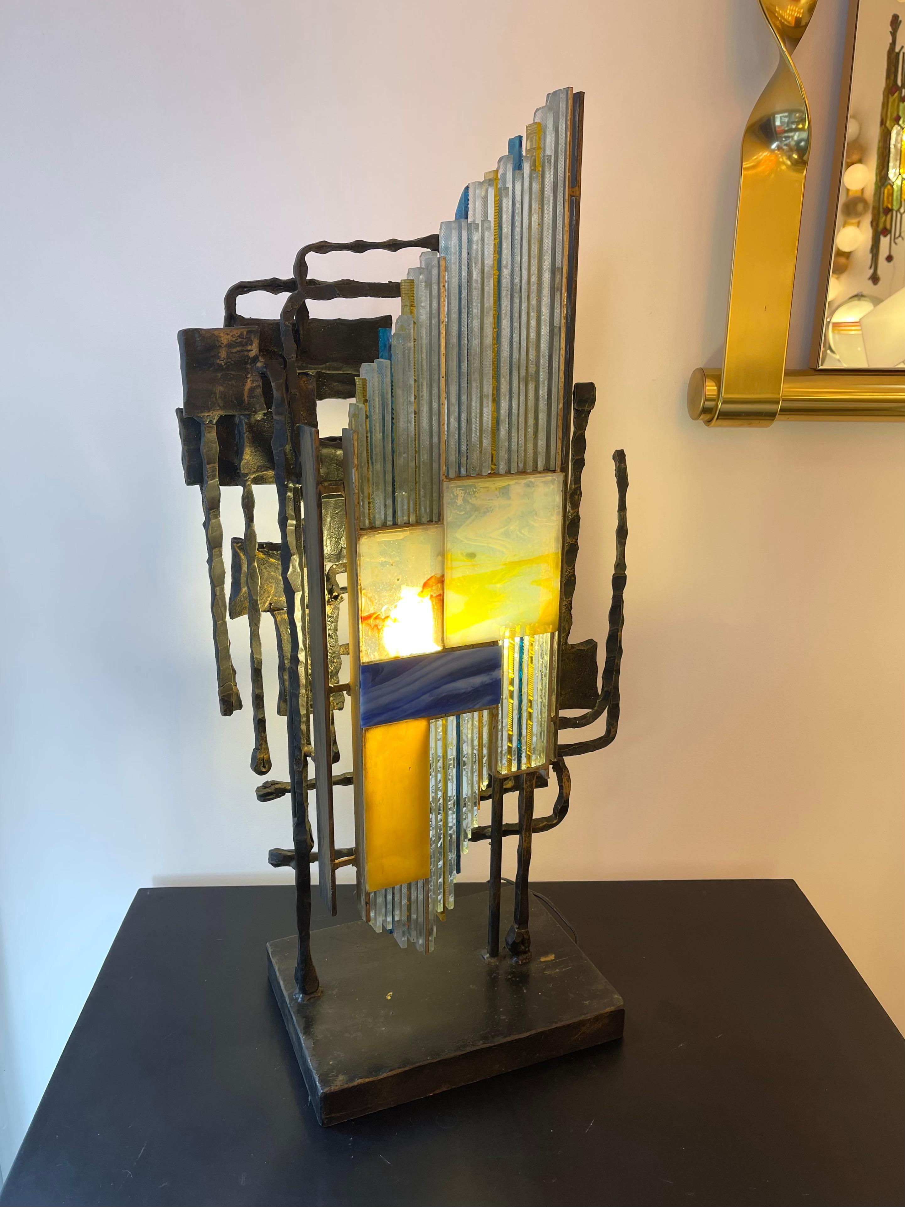 Brutalisme Lampe sculpture en verre martelé en fer forgé de Biancardi & Jordan, Italie, 1970 en vente