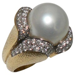 Hammered Gold 20 Millimeter Baroque Pearl and Diamond Ring