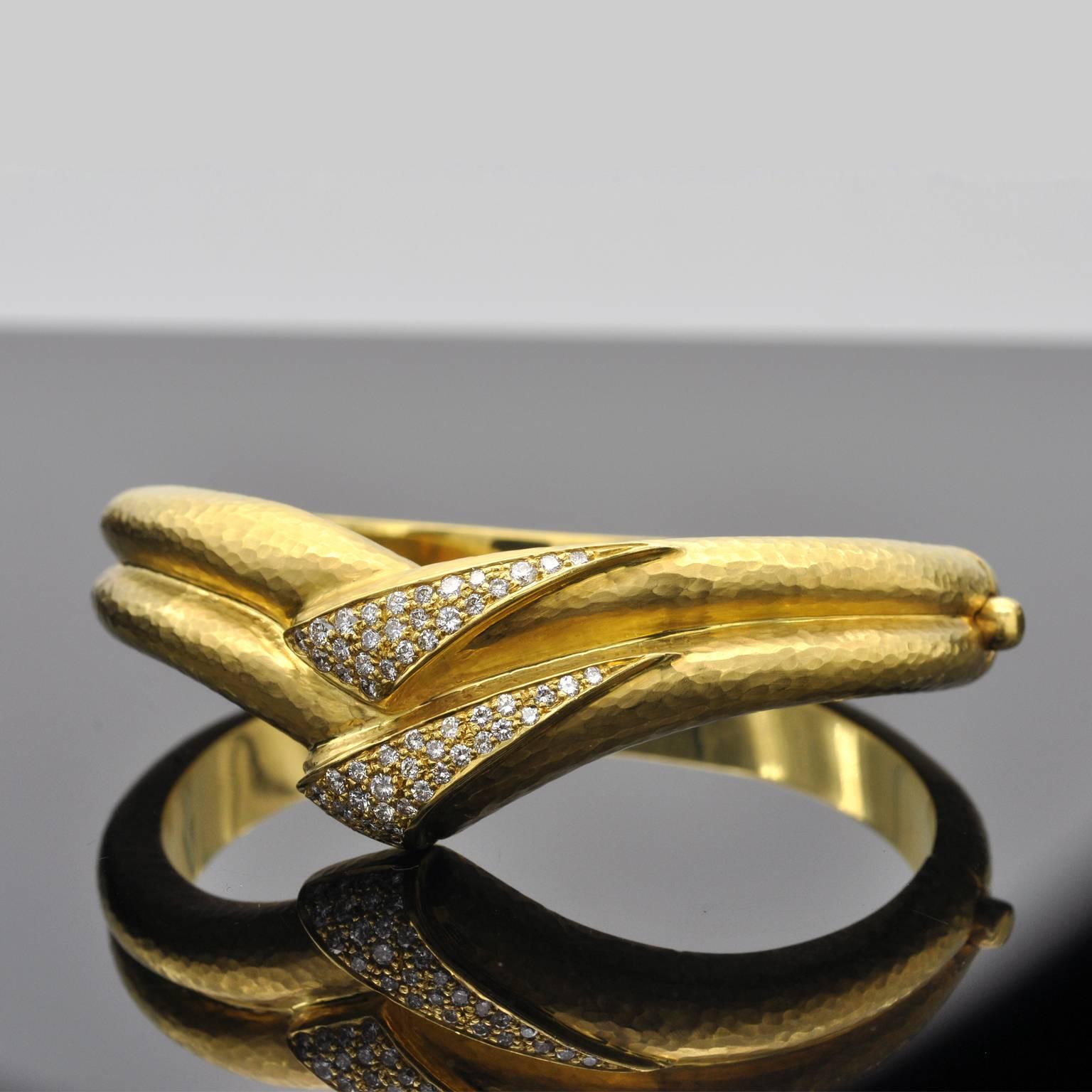 Modern Hammered Gold and Diamond Cuff Bracelet