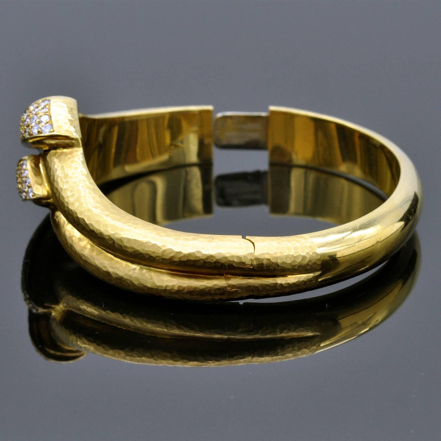 Brilliant Cut Hammered Gold and Diamond Cuff Bracelet