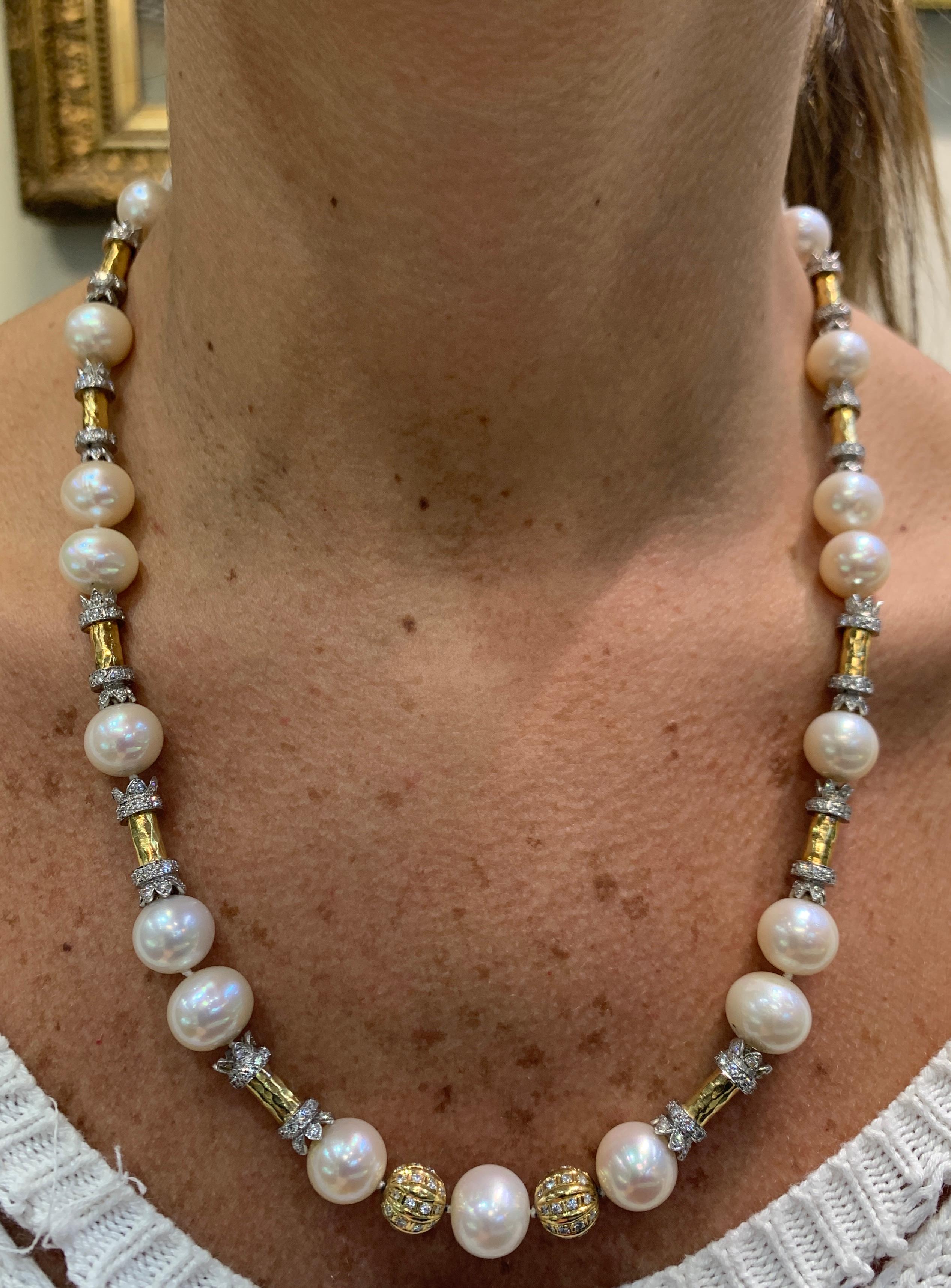Hammered Gold and Diamond Pearl Necklace
27 cultured pearls 
400 round cut diamonds 
Measurements: 20