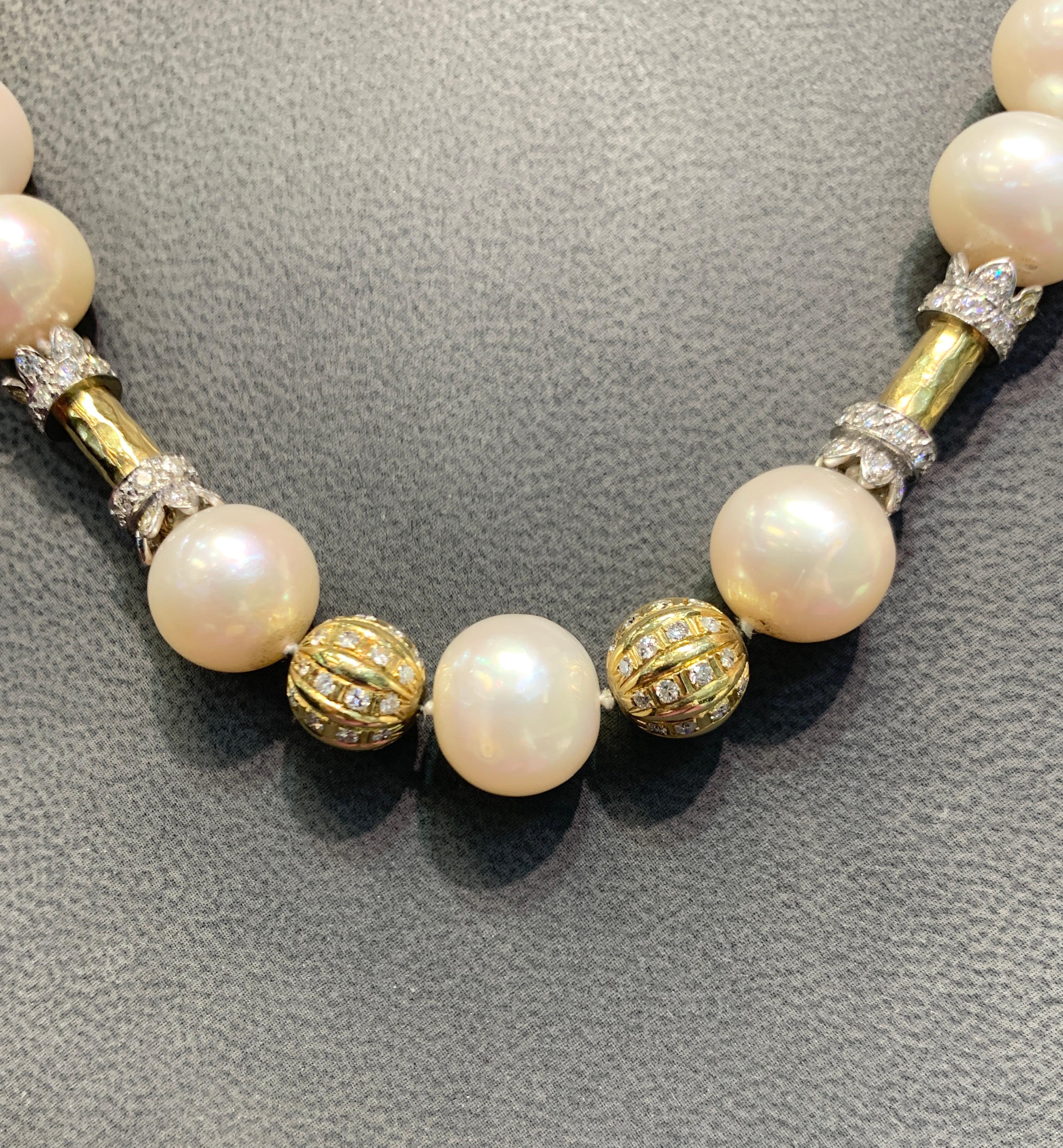 Bead Hammered Gold and Diamond Pearl Necklace