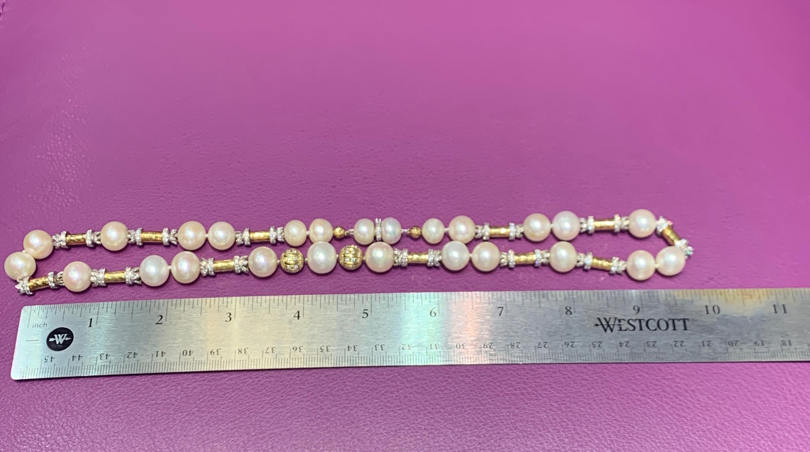 Hammered Gold and Diamond Pearl Necklace 1