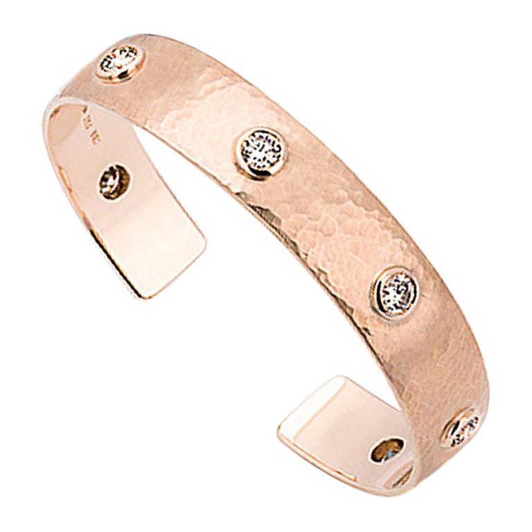 Hammered Gold Bangle, 18kt Hammered Rose Gold, 6 Cognac Colored Diamonds 0.67ct