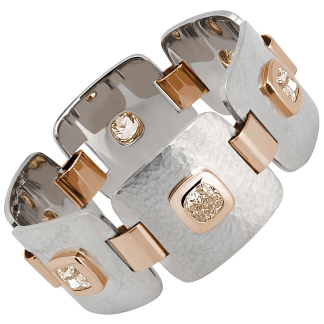 Hammered Gold Bracelet, 18K White and Rose Gold, 6 Cushion-Cut Diamonds 7.43ct For Sale
