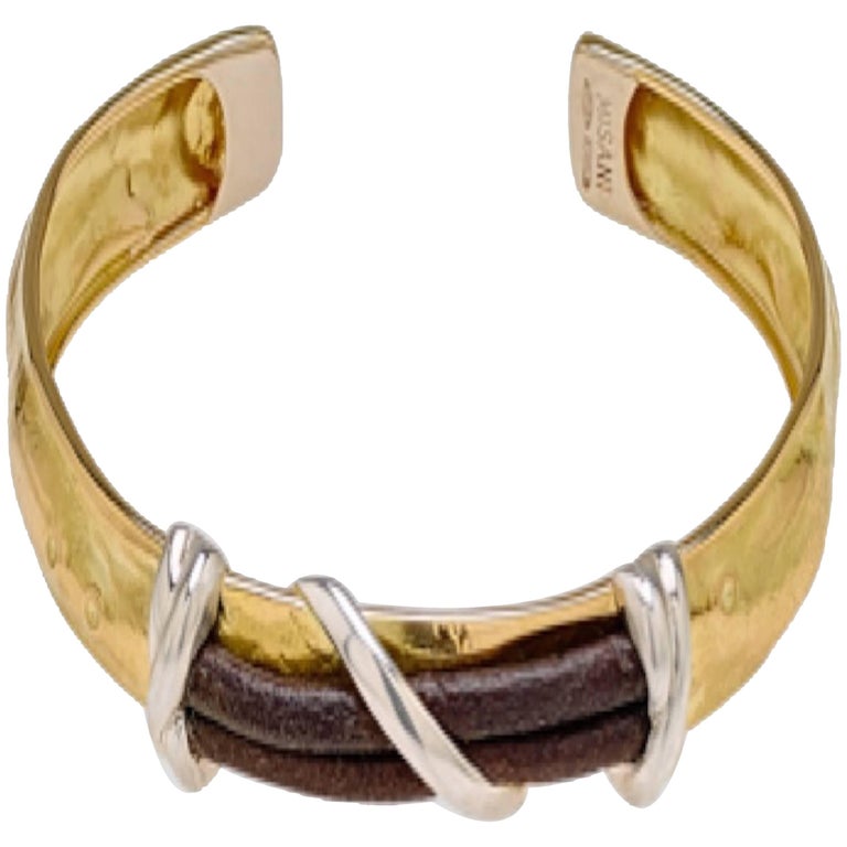 Hammered Gold Cuff Bracelet with Silver Elements and Leather Insert For