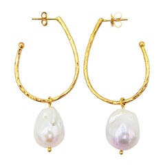 Hammered 18k Gold Elongated Hoop Stud Earrings with Baroque Pearl Charms