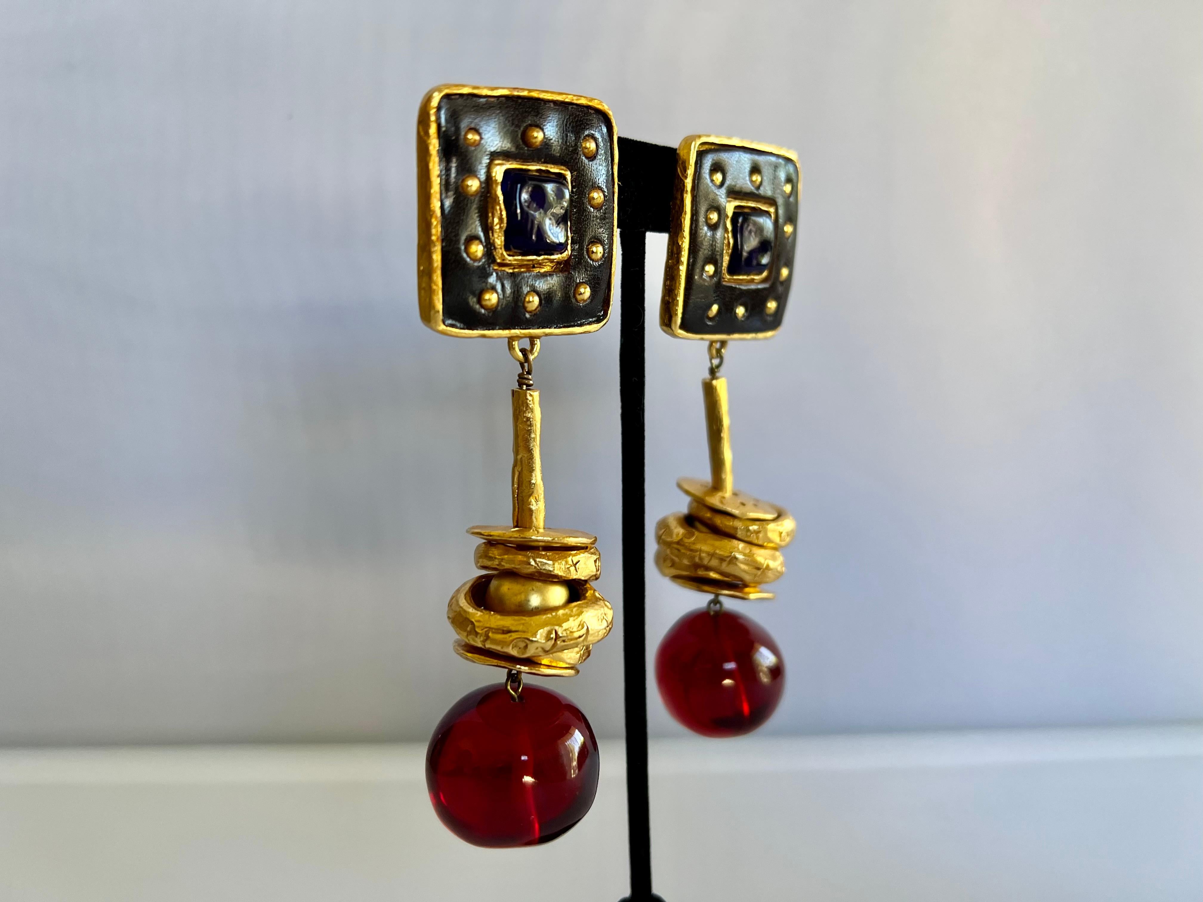Hammered Gold Jeweled Christian Lacroix Earrings In Excellent Condition For Sale In Palm Springs, CA