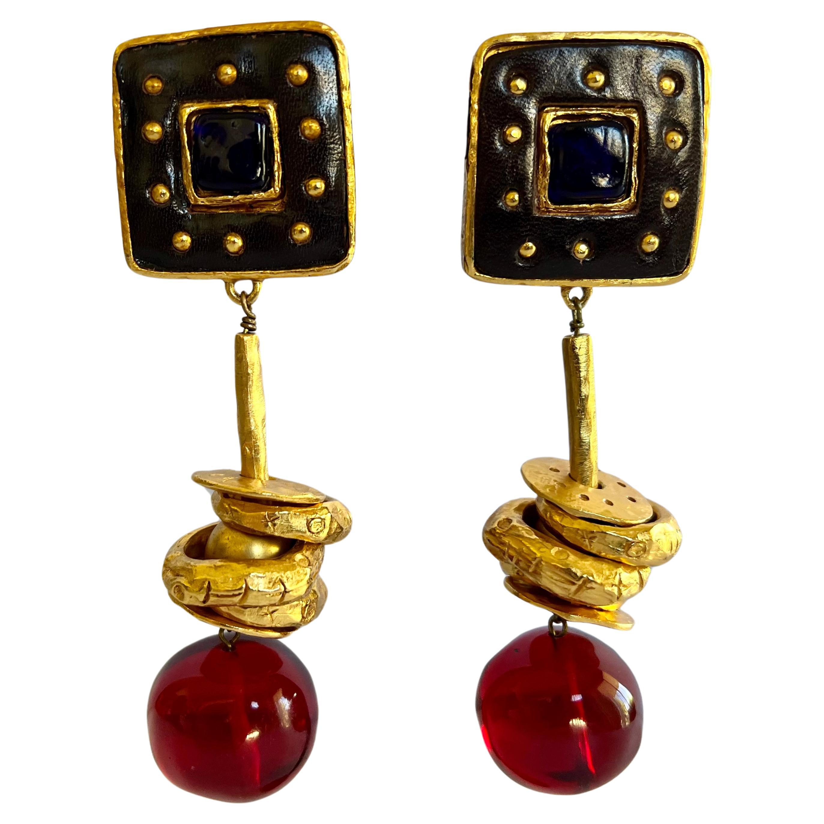 Hammered Gold Jeweled Christian Lacroix Earrings For Sale