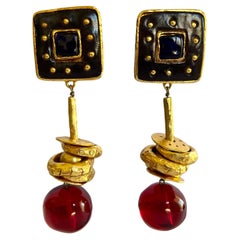 Retro Hammered Gold Jeweled Christian Lacroix Earrings