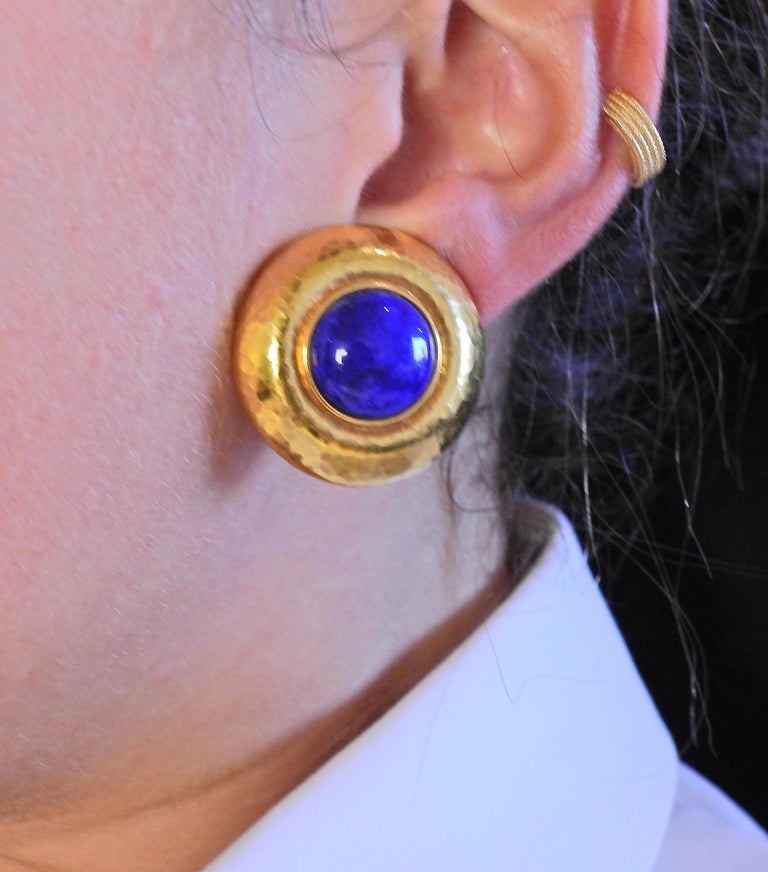 Women's Hammered Gold Lapis Lazuli Earrings For Sale