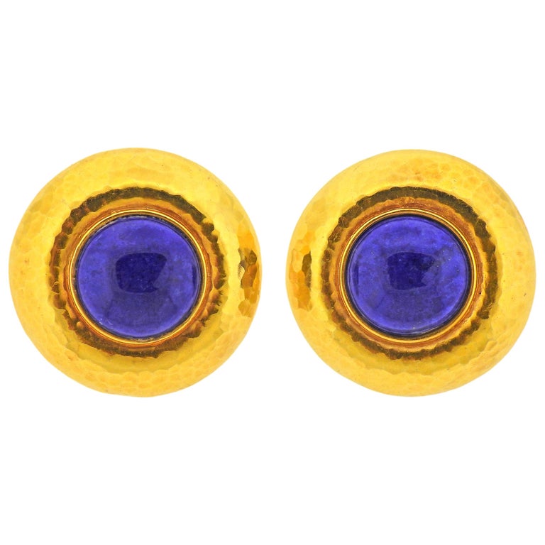 Hammered Gold Lapis Lazuli Earrings For Sale