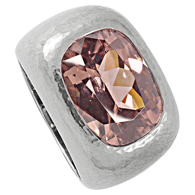 Hammered Gold Ring in 18 K Hammered White Gold, Zircon 9.60 Ct For Sale