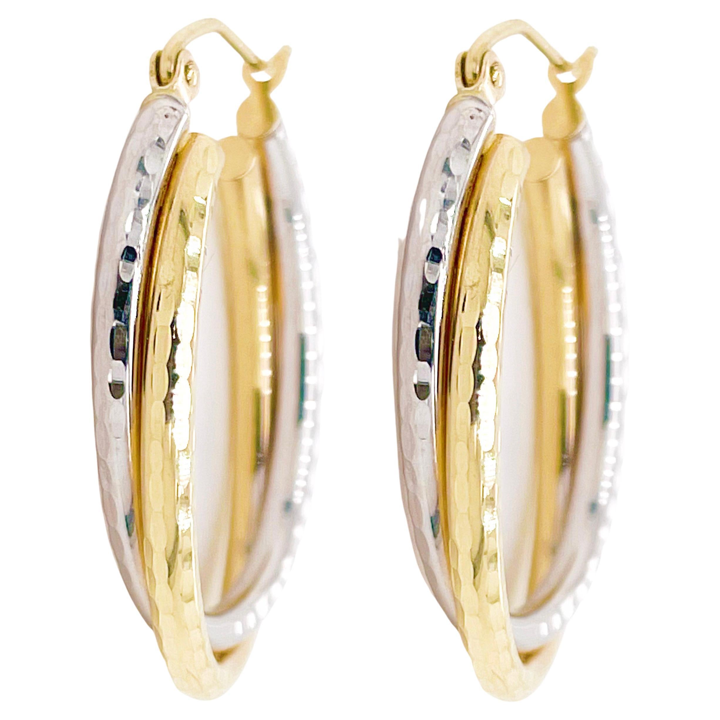 Hammered Hoop Earrings, Oval Two-Tone Mixed Metal Gold Hoops, Hinge Clasp For Sale