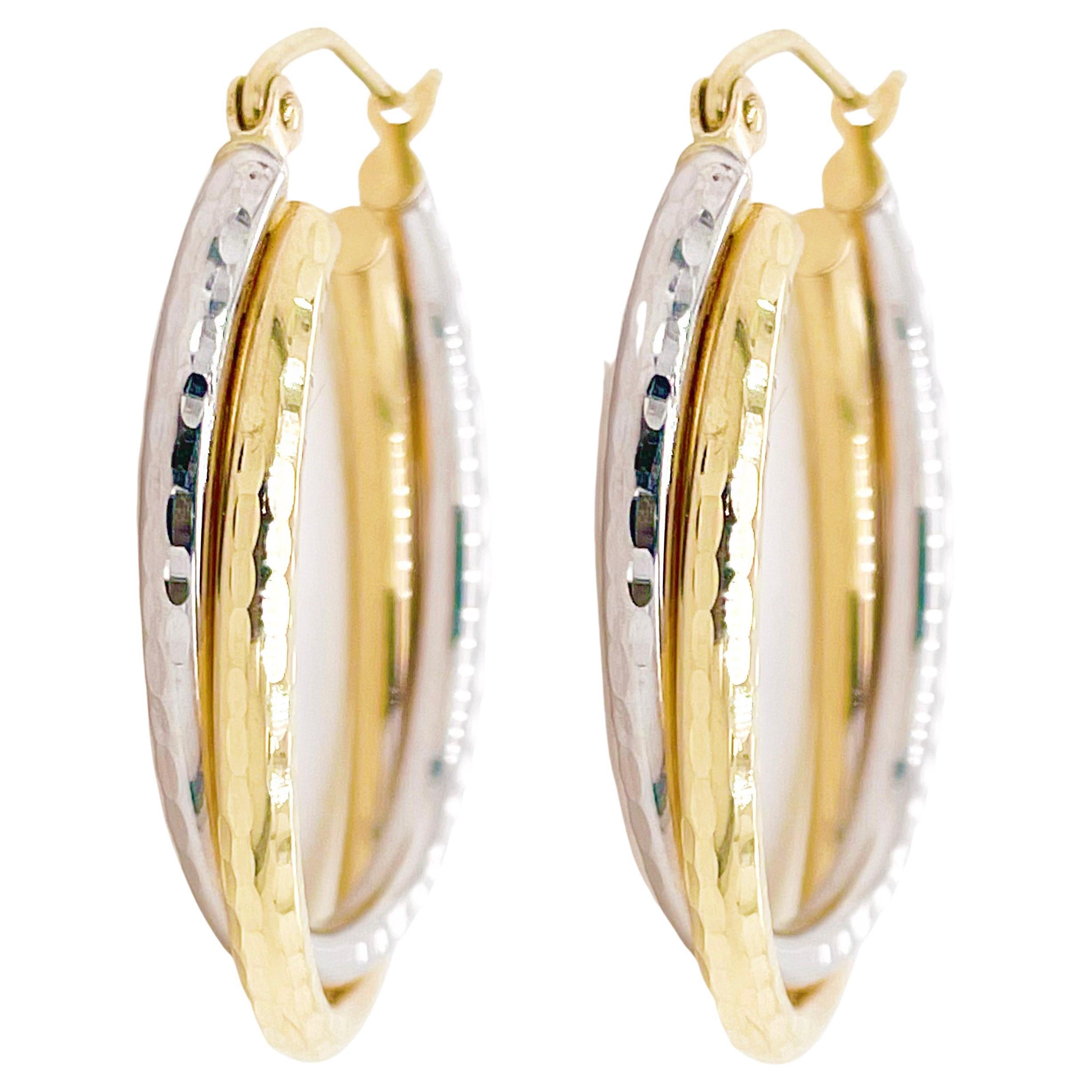 thumbnail image 2 of 14K Gold Diamond Cut Hammered Oval Hoop Earrings – French Lock, Yellow & White 2 of 5