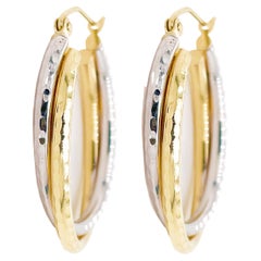 Hammered Hoop Earrings, Oval Two-Tone Mixed Metal Gold Hoops, Hinge Clasp